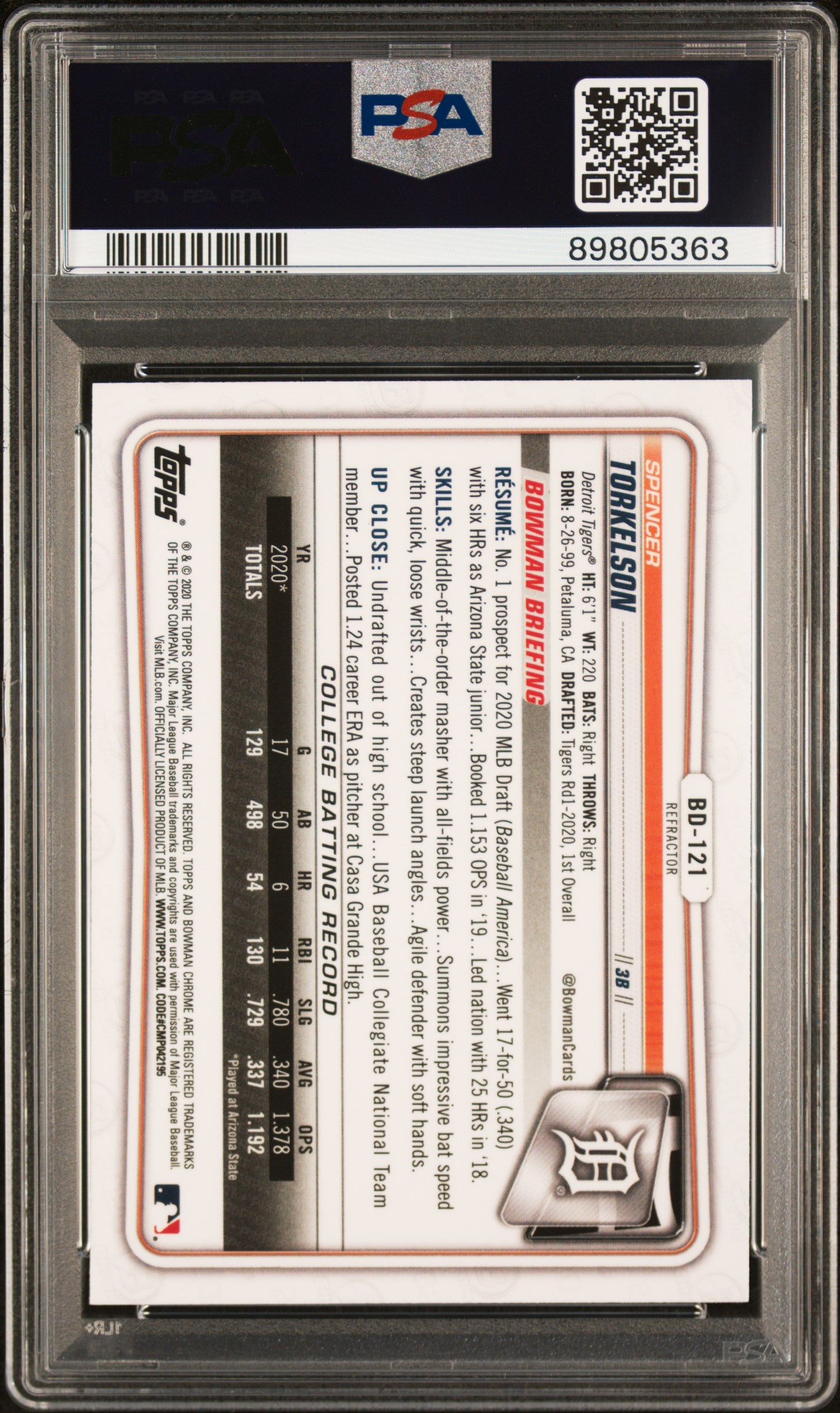 2020 Bowman Draft Spencer Torkelson #BD121 Chrome Refractor PSA 10