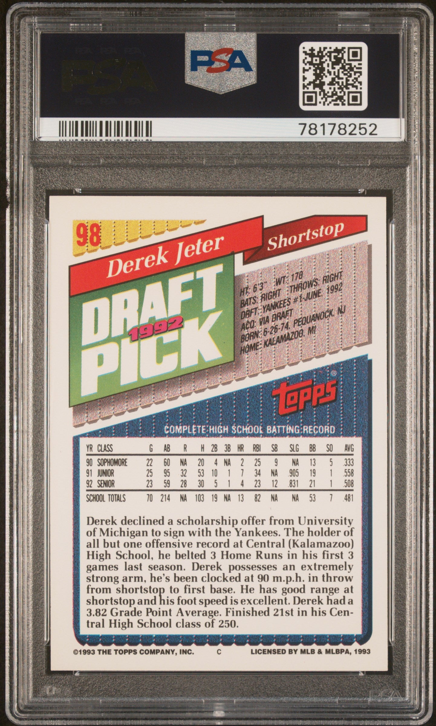 1993 Topps Gold Derek Jeter #98 PSA 8