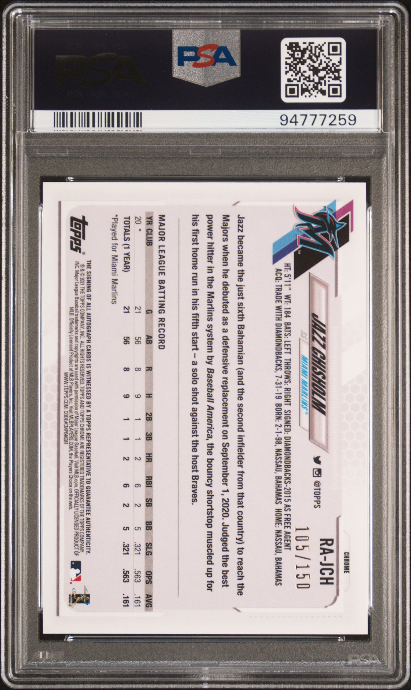 2021 Topps Chrome Rookie Autographs Jazz Chisholm #RAJCH RKE. Auto Blue Wave Refractor PSA 10