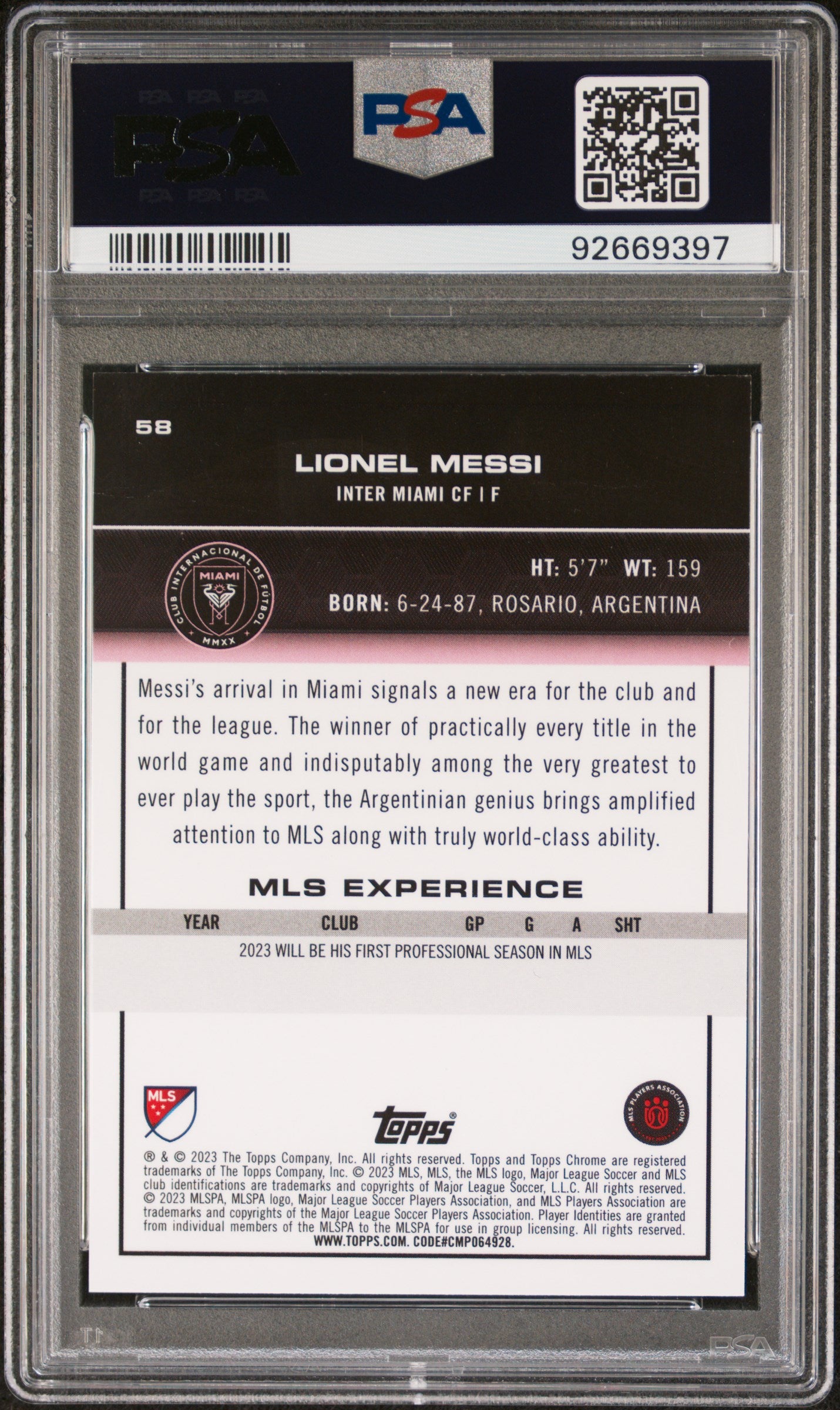 2023 Topps Chrome MLS Lionel Messi #58 Gold Refractor PSA 9