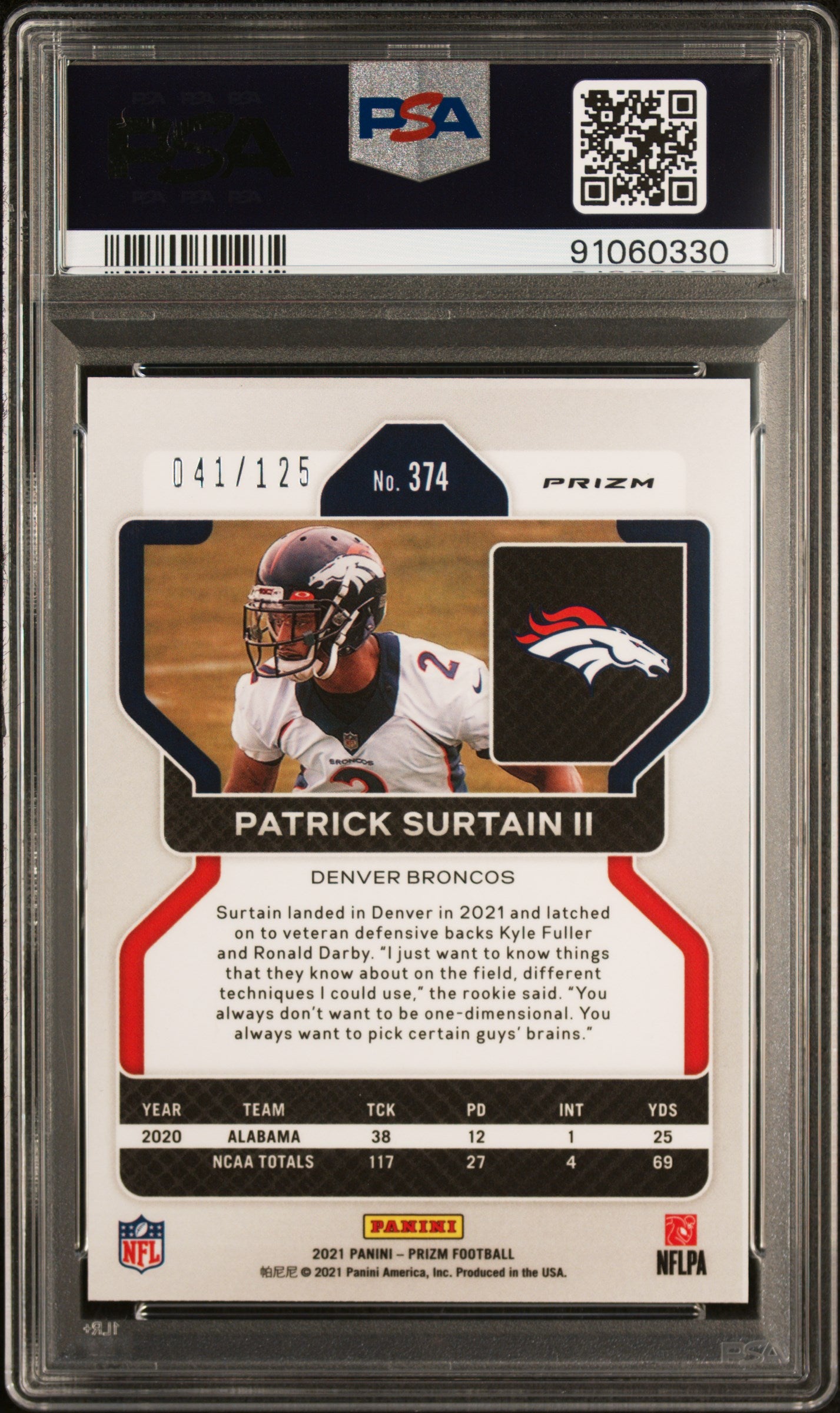 2021 Panini Prizm Patrick Surtain II #374 Purple Prizm PSA 10