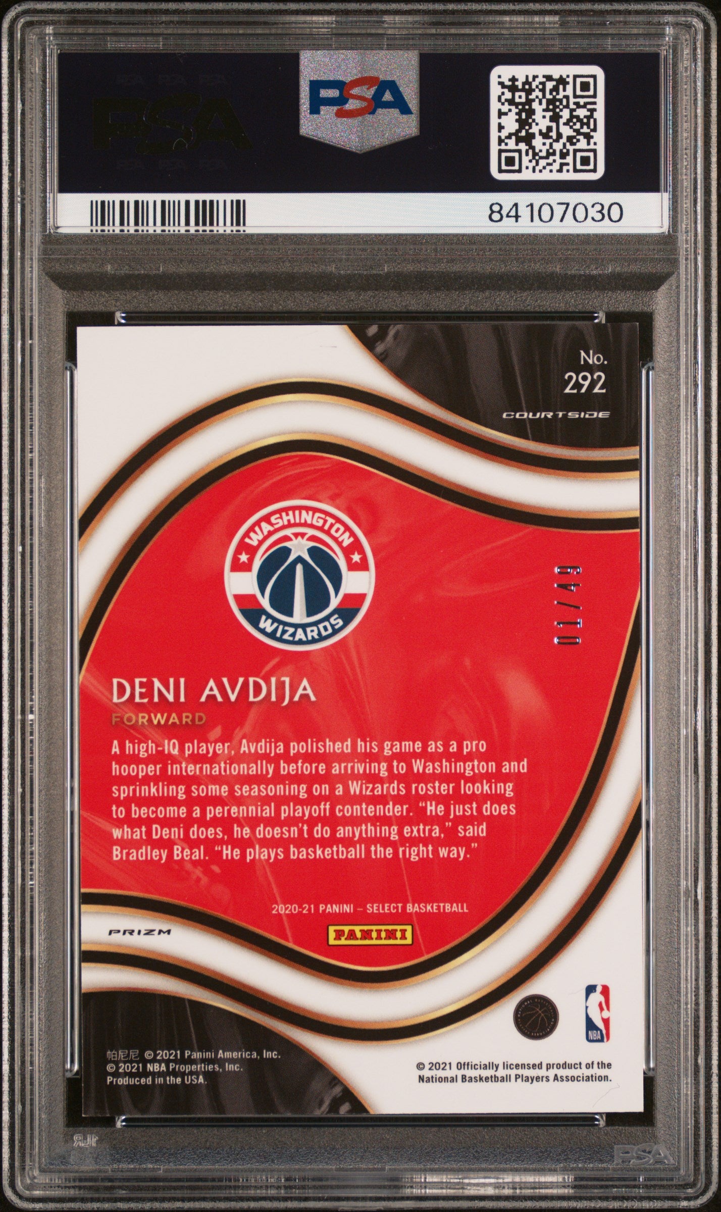 2020 Panini Select Deni Avdija #292 Red Disco Prizm PSA 9