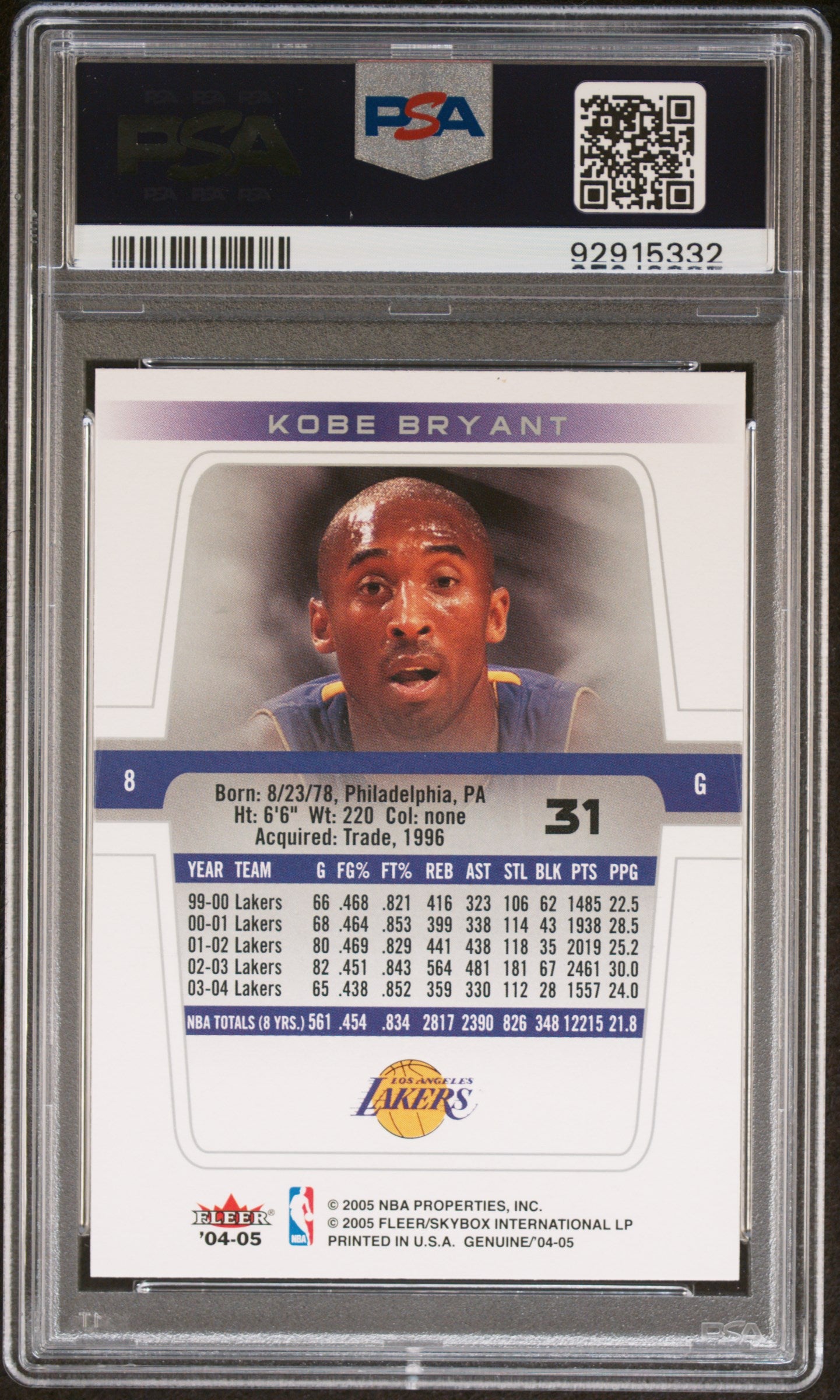 2004 Fleer Genuine #31 Kobe Bryant Lakers Hof PSA 10 ***