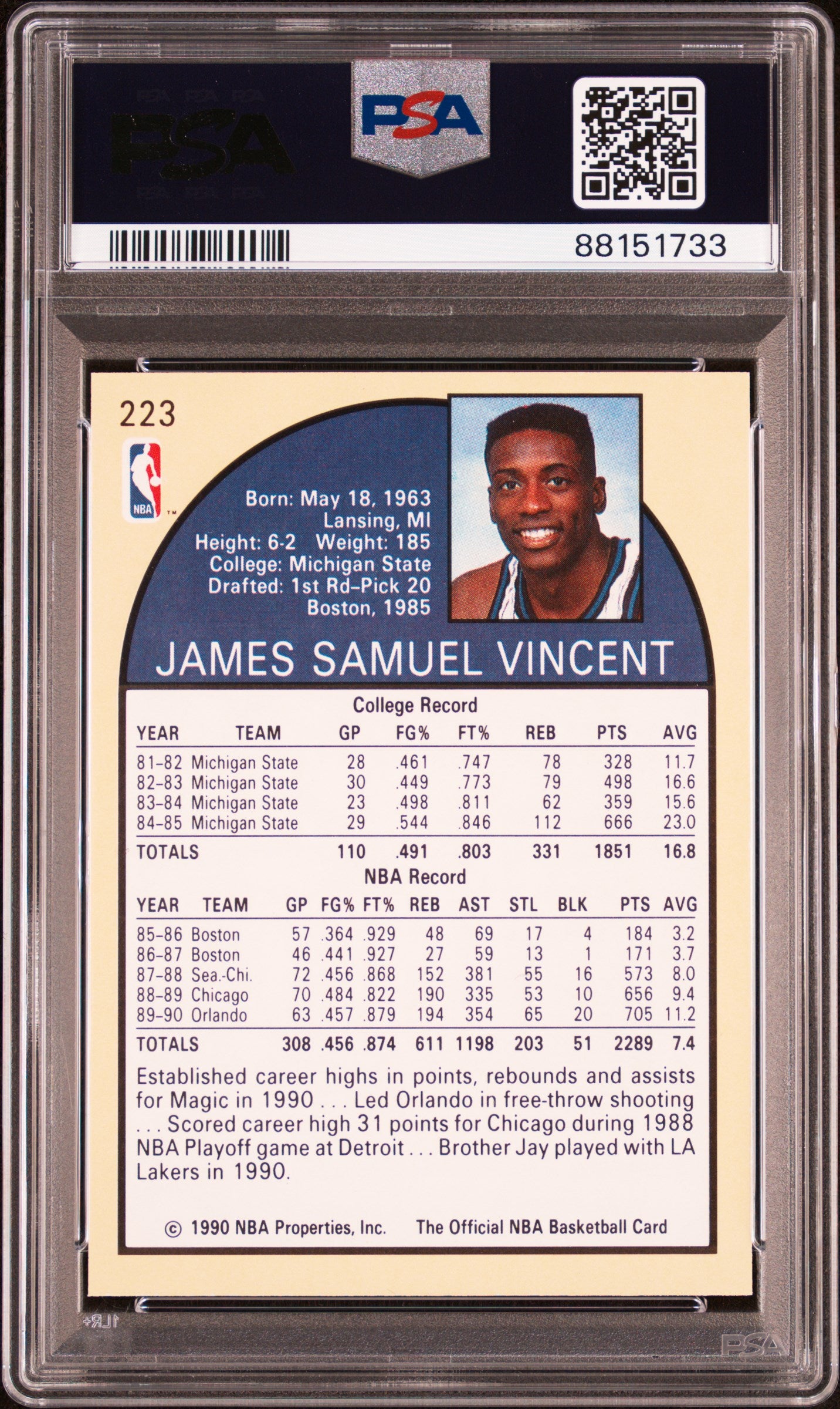 1990 Hoops #223 Sam Vincent Magic Shows Michael Jordan PSA 9