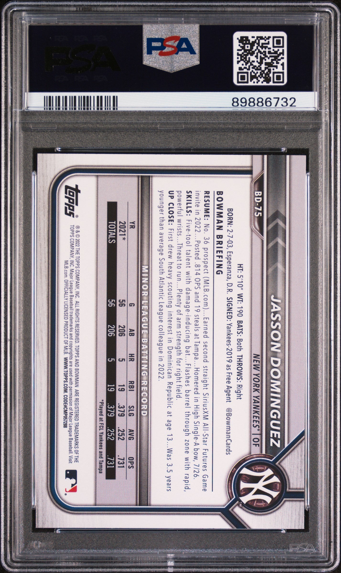 2022 Bowman Draft Jasson Dominguez #BD75 PSA 10