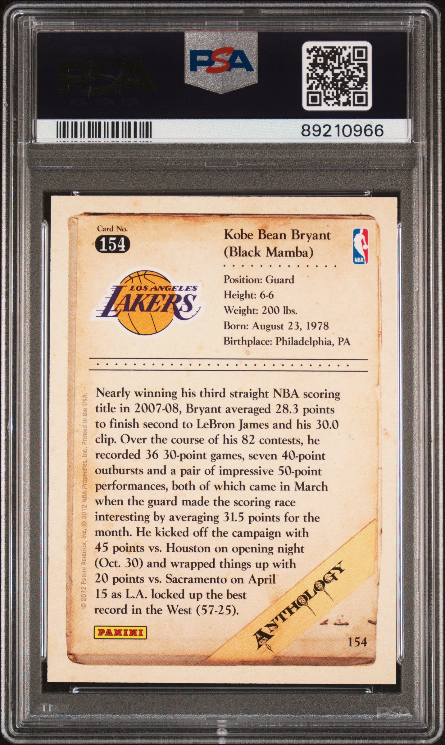 2012 Panini Kobe Bryant Anthology #154 Lakers Hof PSA 10 ***