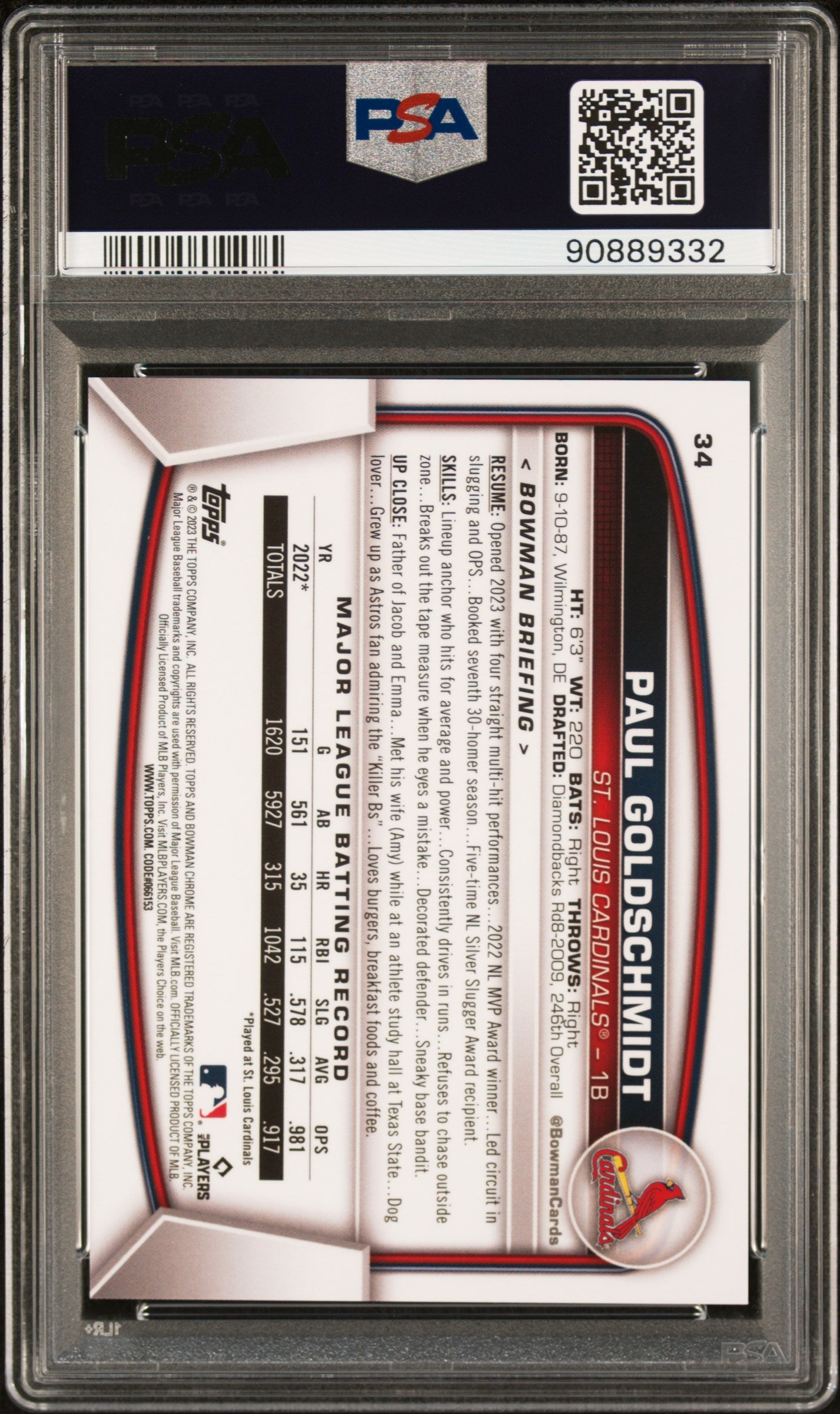 2023 Bowman Chrome Sapphire Edition Paul Goldschmidt #34 Orange PSA 10