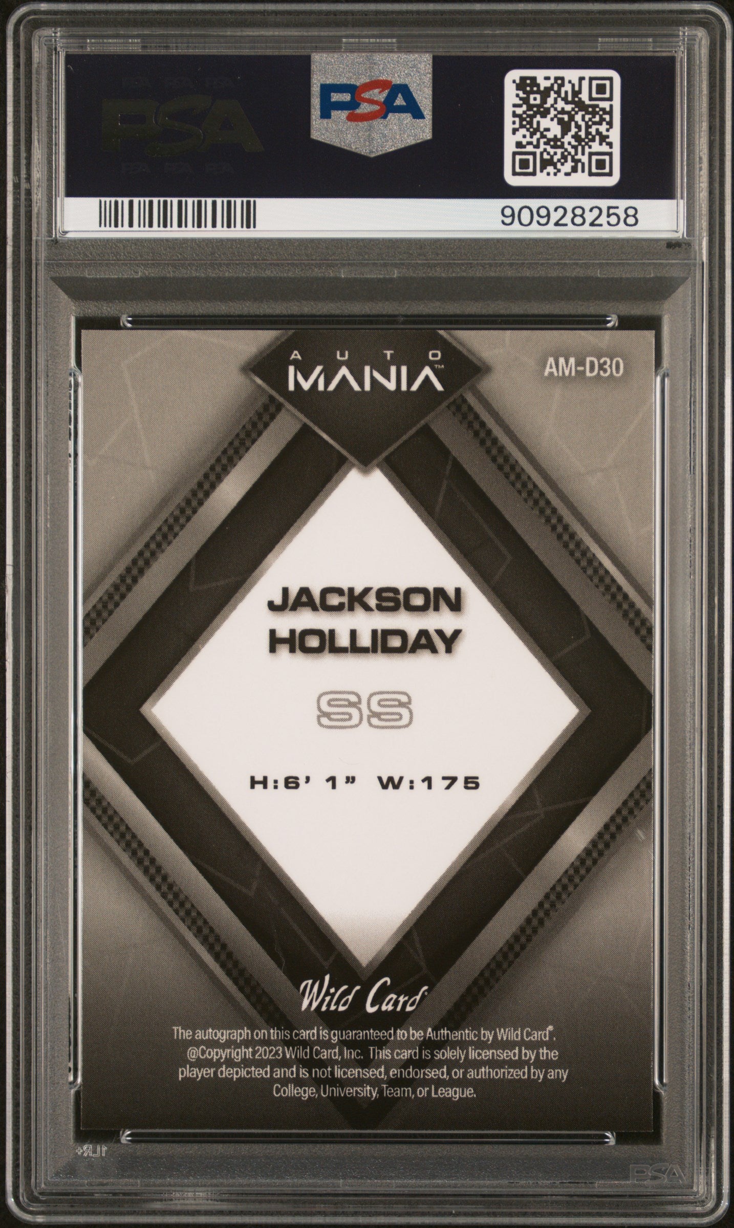 2023 Wild Card Auto Mania Autographs Jackson Holliday #AMD30 Au DMD Kaleidoscope Orange PSA 10