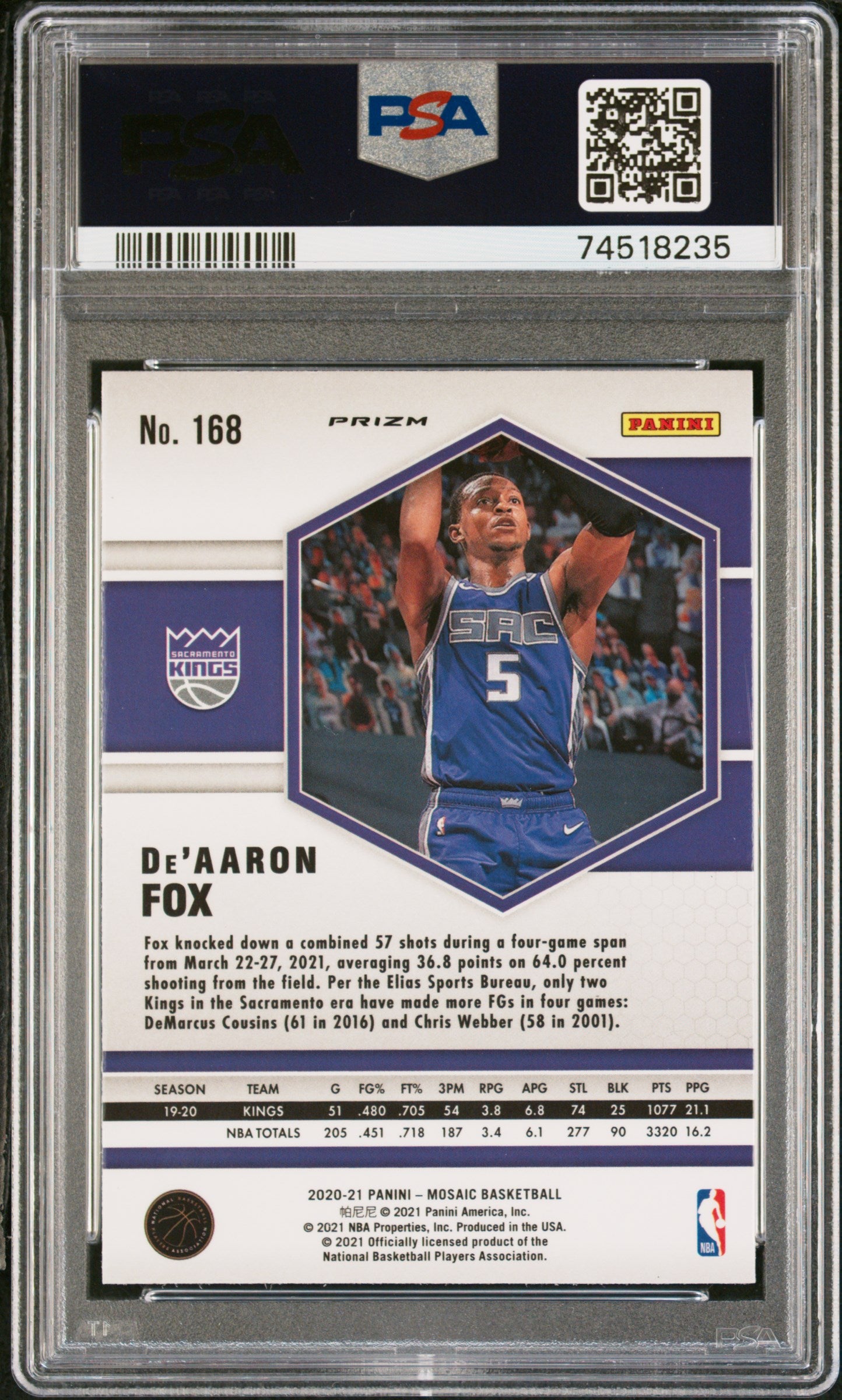 2020 Panini Mosaic De'aaron Fox #168 Green Mosaic PSA 10