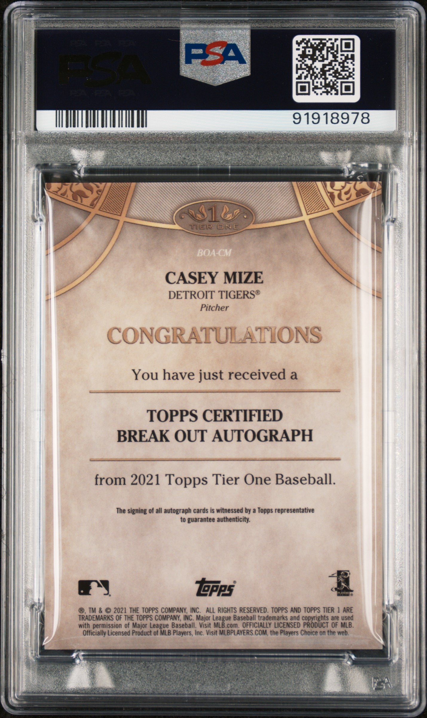 2021 Topps Tier One Break Out Autographs 2021 Topps Tier One Casey Mize Break Out Auto PSA 10 Casey Mize #CM Break Out Autographs PSA 10