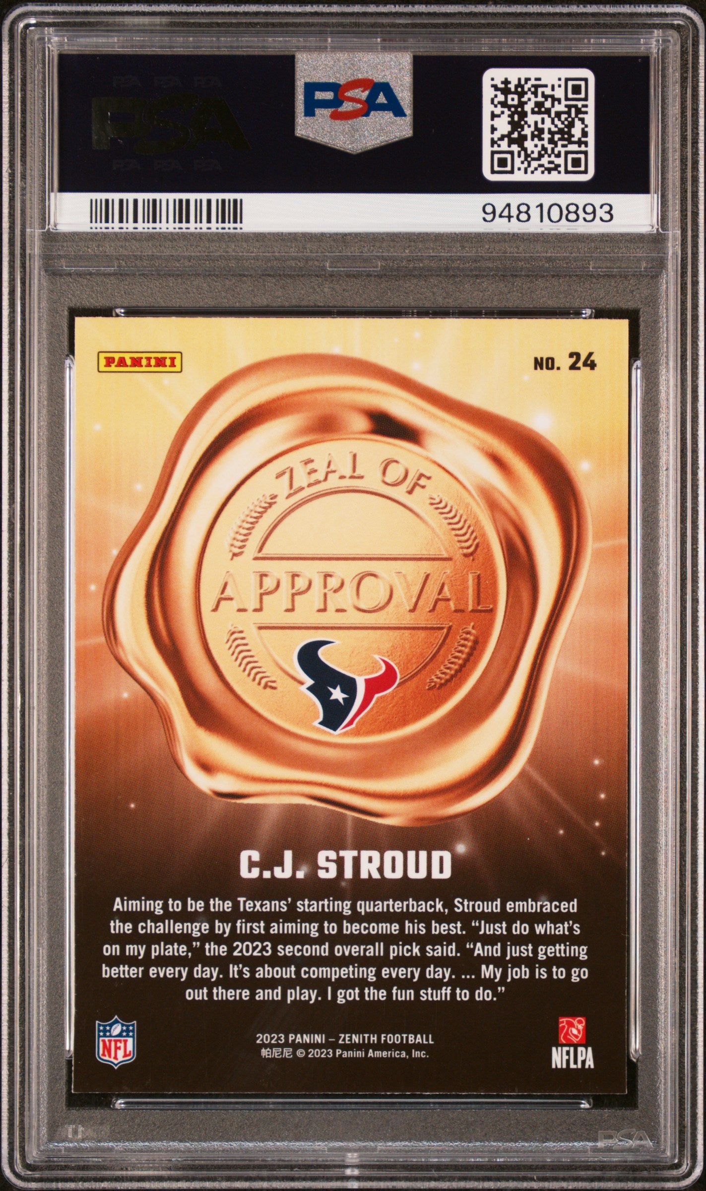 2023 Panini Zenith Zeal Of Approval CJ Stroud #24 PSA 10