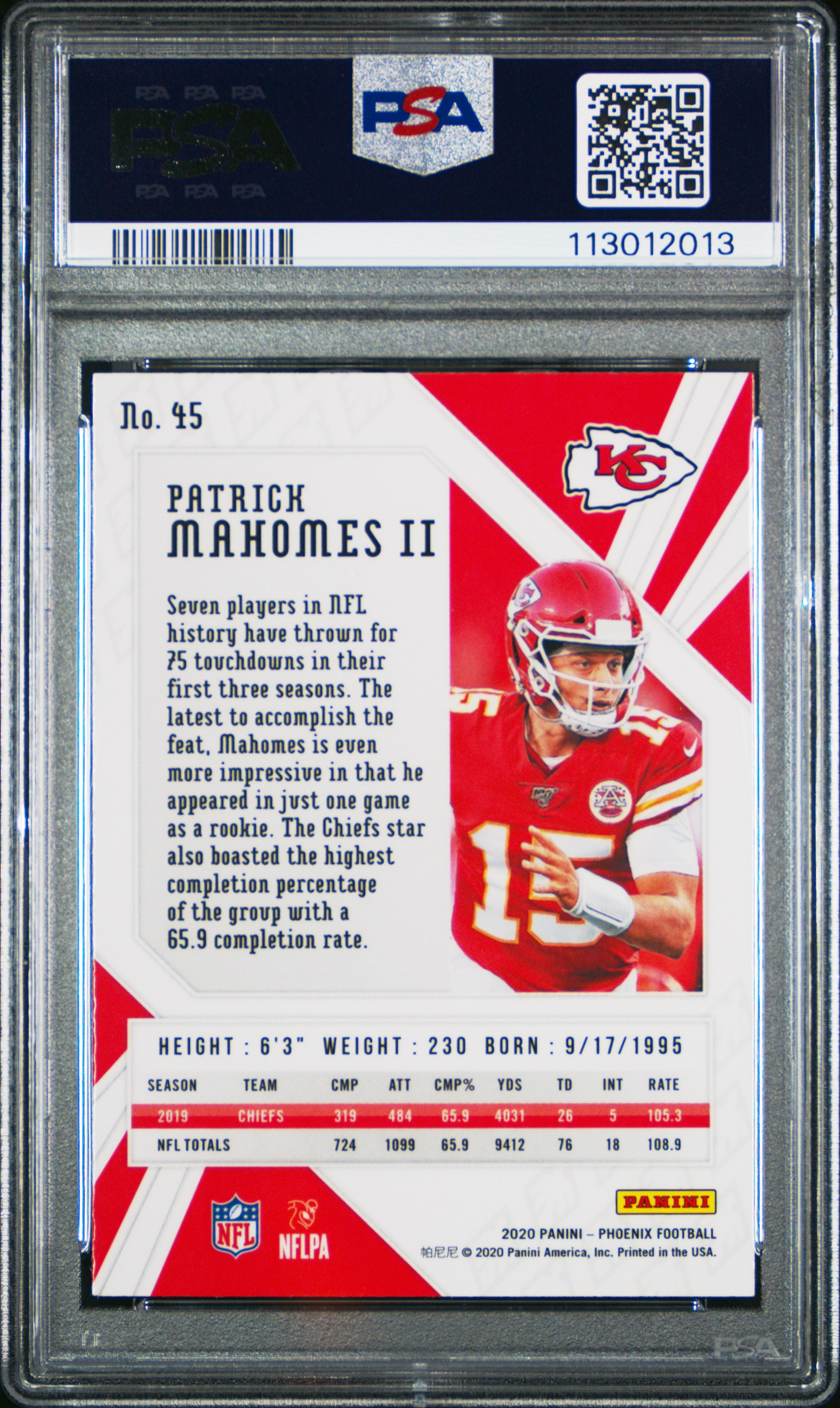 2020 Panini Phoenix Football Patrick Mahomes II #45 Fire Burst PSA 10