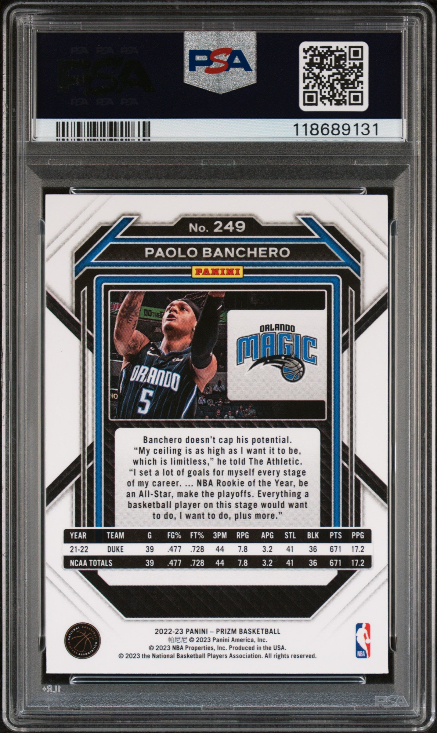 2022 Panini Prizm Basketball Paolo Banchero #249 PSA 9