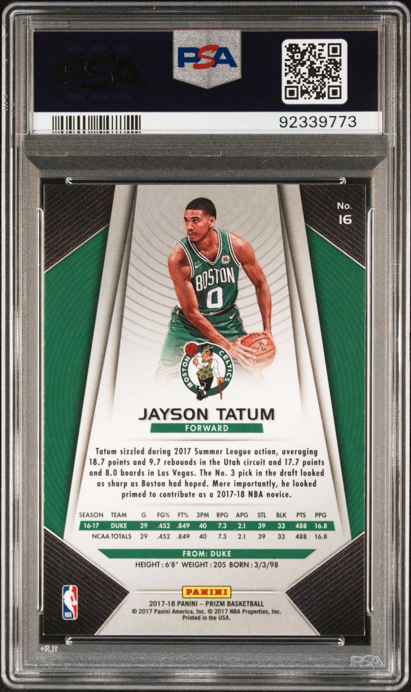 2017 Panini Prizm Jayson Tatum #16 PSA 9