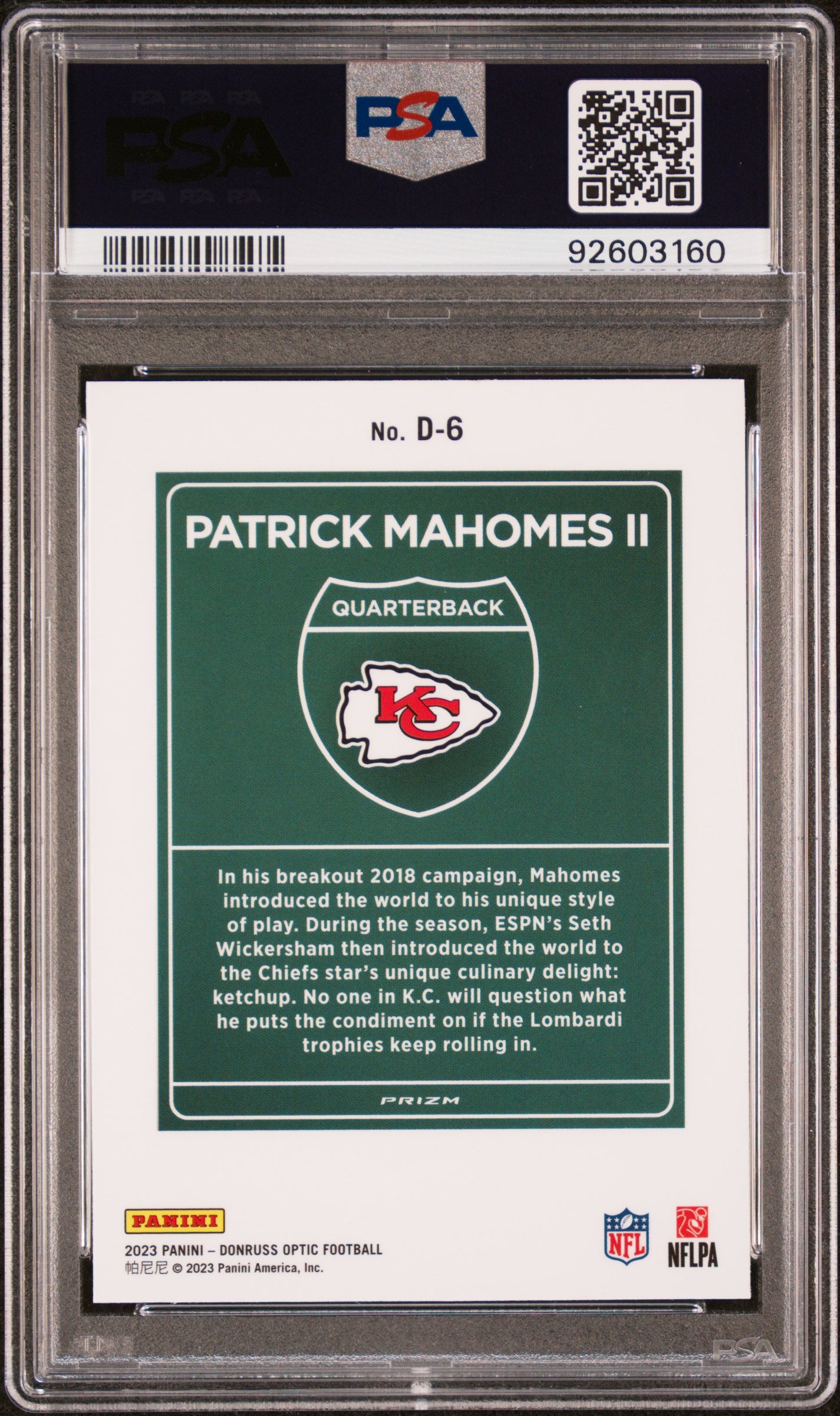 2023 Panini Donruss Optic Downtown! Football Patrick Mahomes II #D6 PSA 10