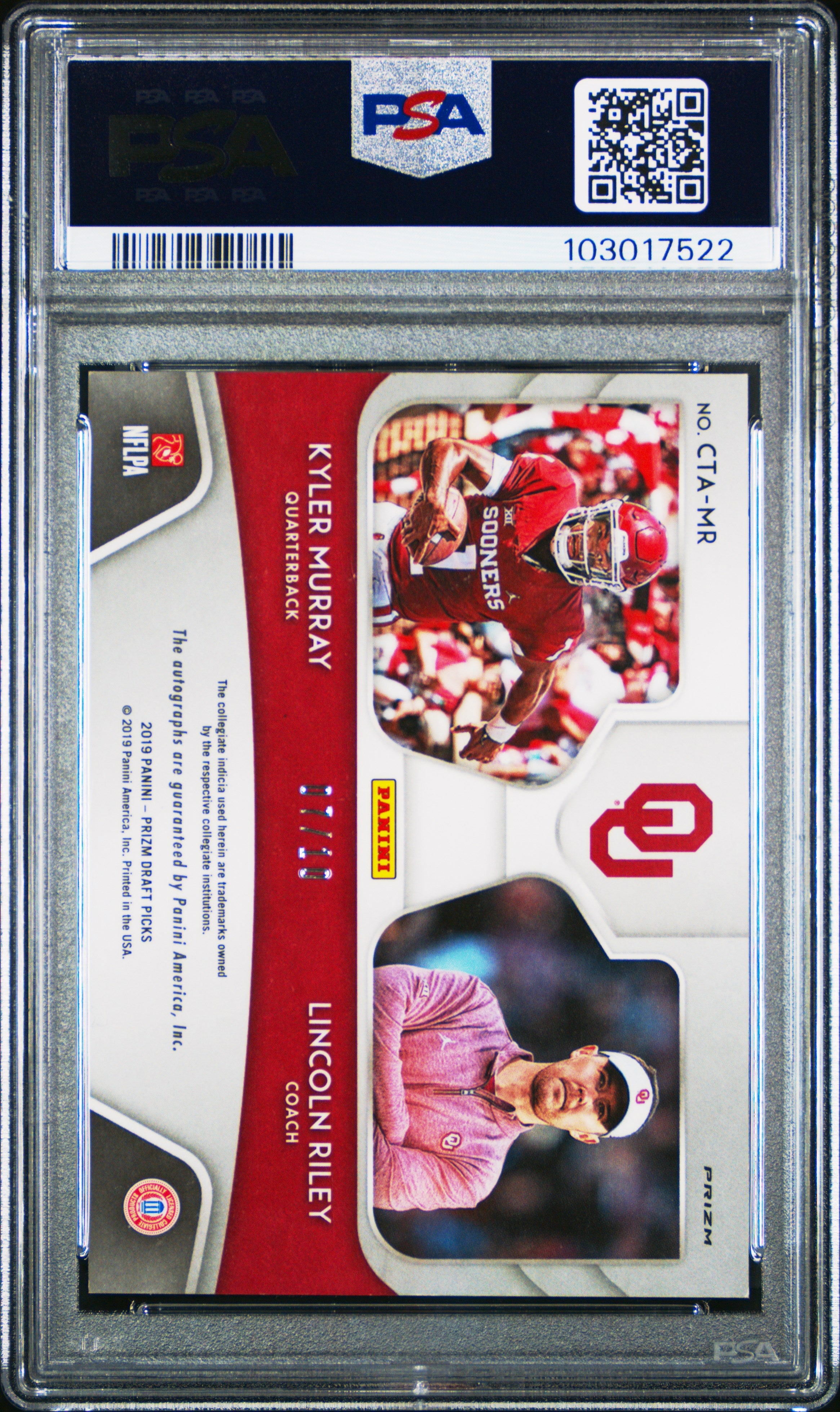2019 Panini Prizm Draft Picks College Ties Autographs K. Murray L. Riley #MR Coll. Ties Autograph Gold PSA 8