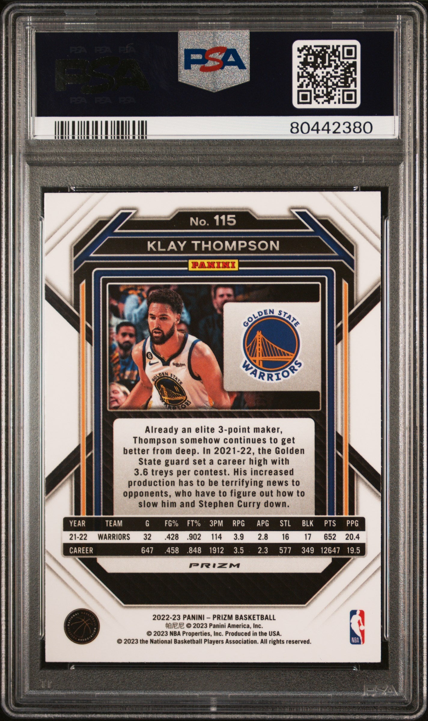 2022 Panini Prizm Klay Thompson #115 White Sparkle PSA 9