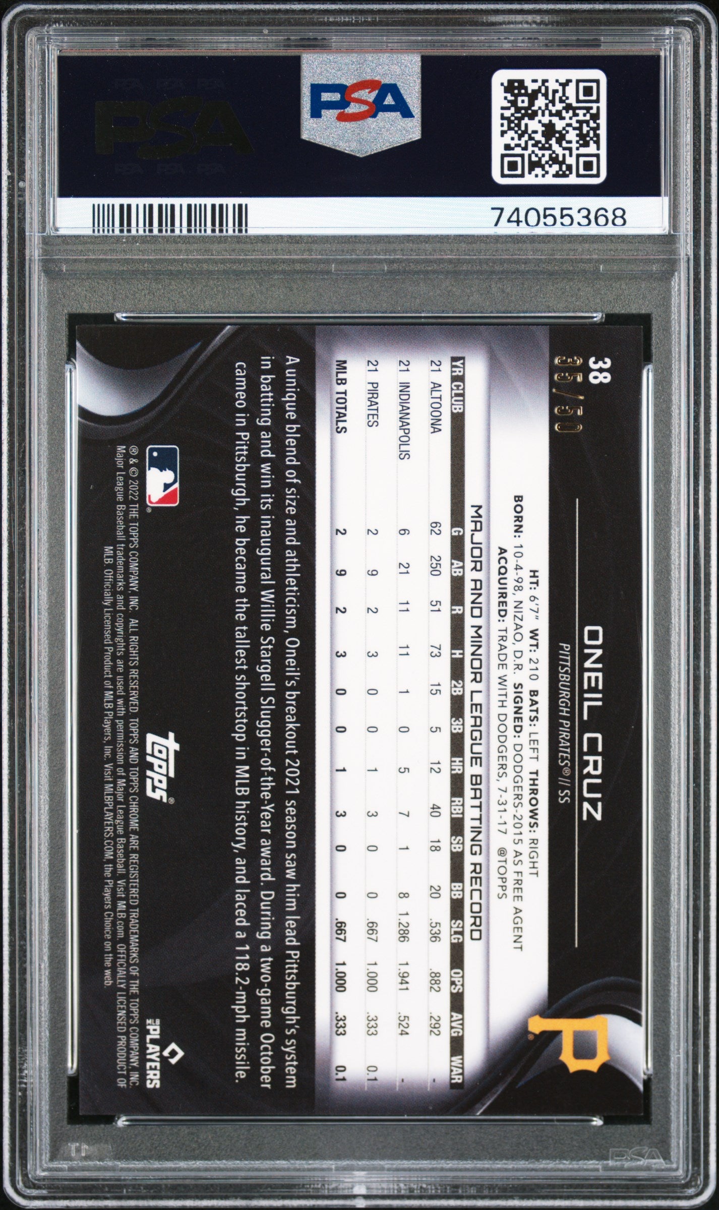 2022 Topps Chrome Black Oneil Cruz #38 Gold Refractor PSA 10