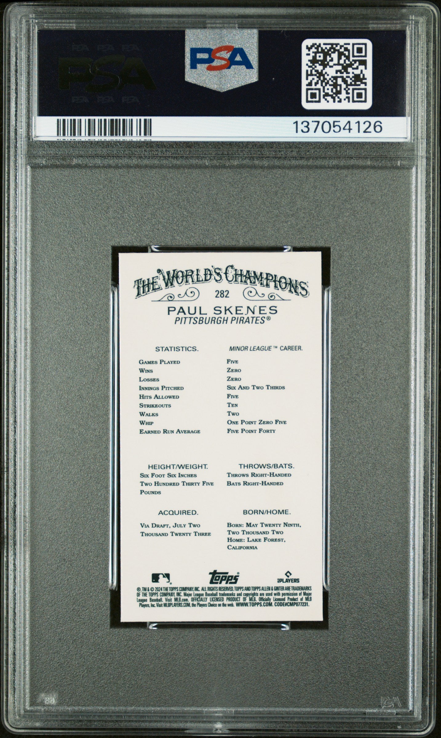 2024 Topps Allen & Ginter Baseball Paul Skenes #282 Chrome Mini PSA 9