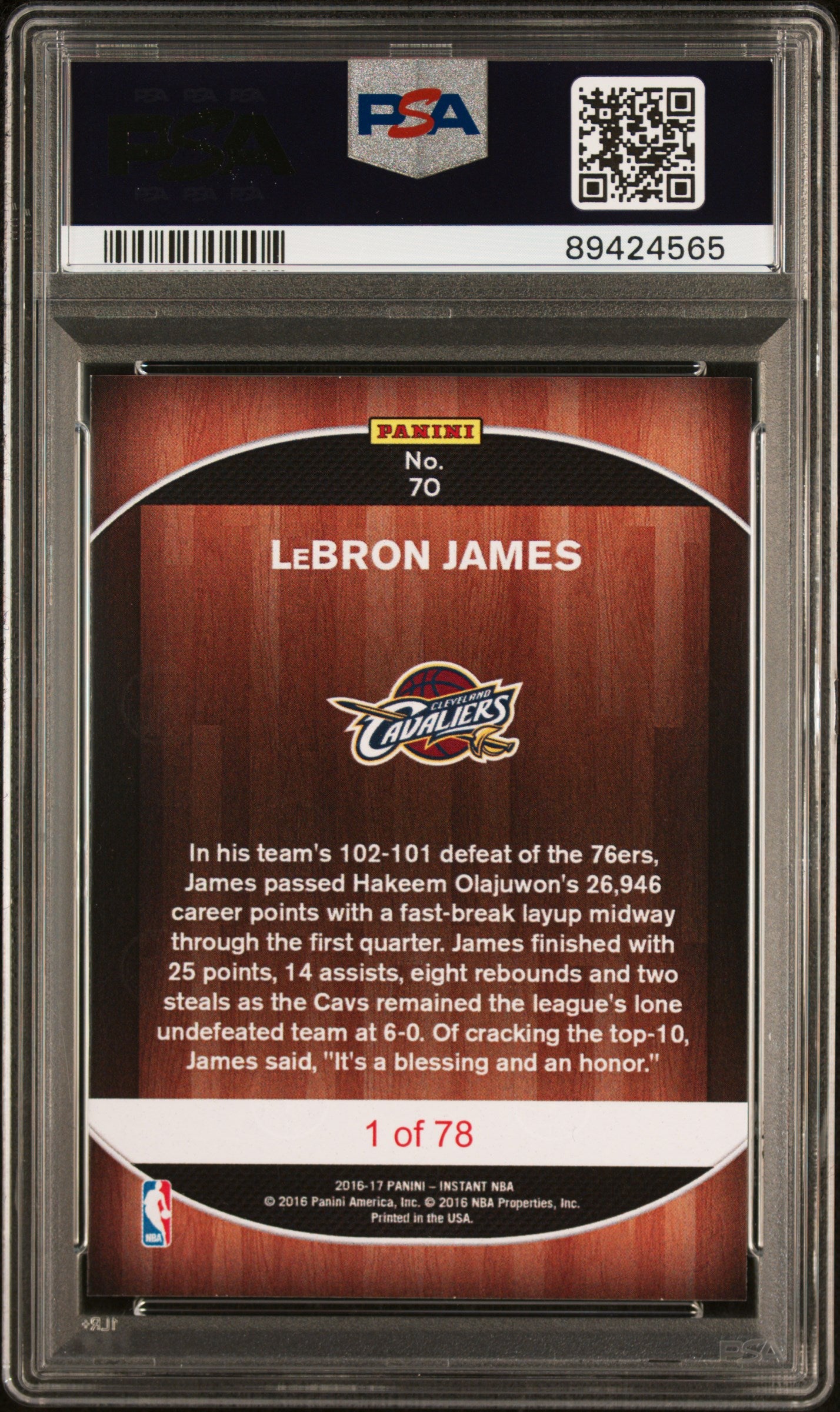 2016 Panini Instant NBA #70 Lebron James Cavaliers #/78 Pop 1 PSA 9 ***