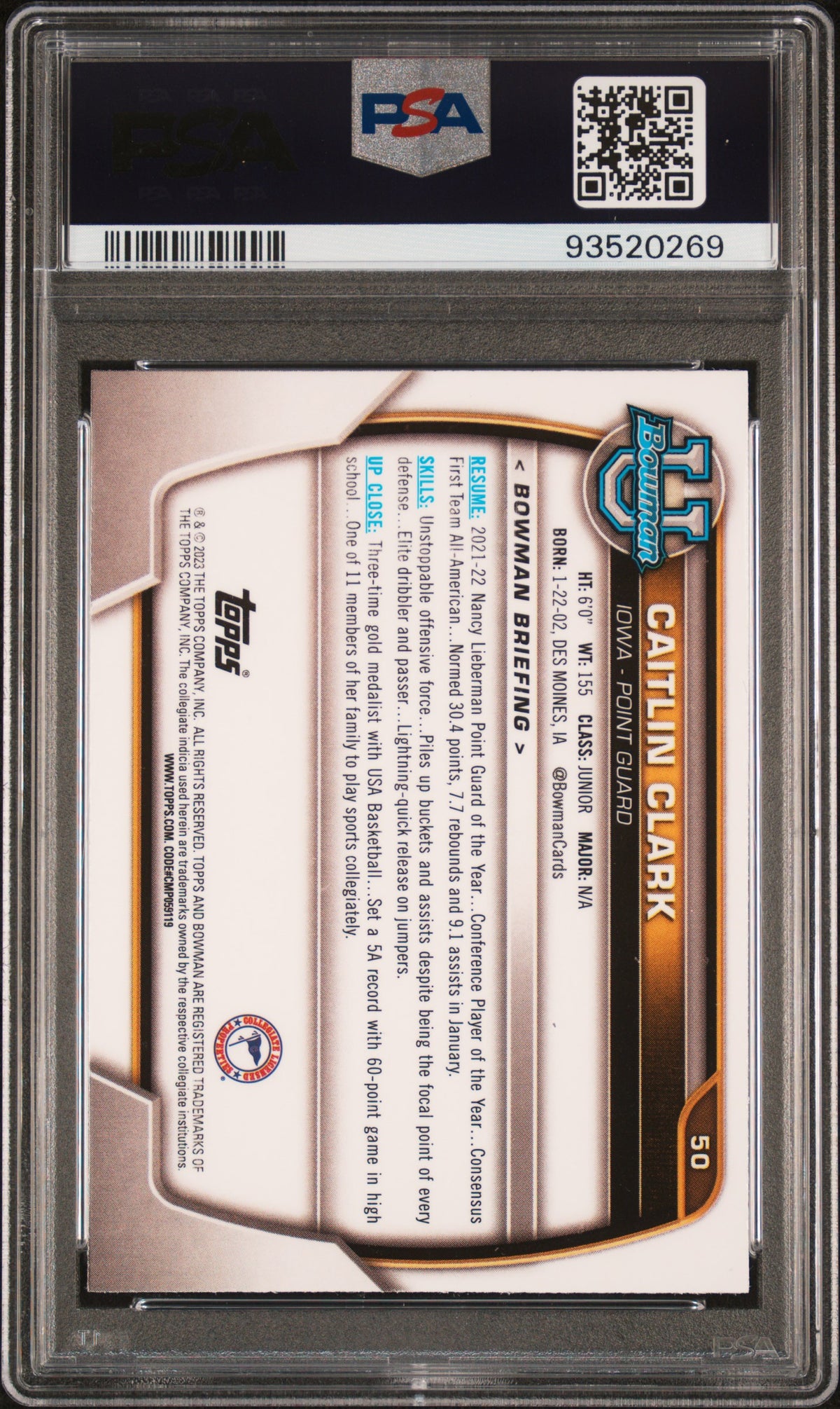2022 Bowman Chrome University Basketball Caitlin Clark #50 PSA 8