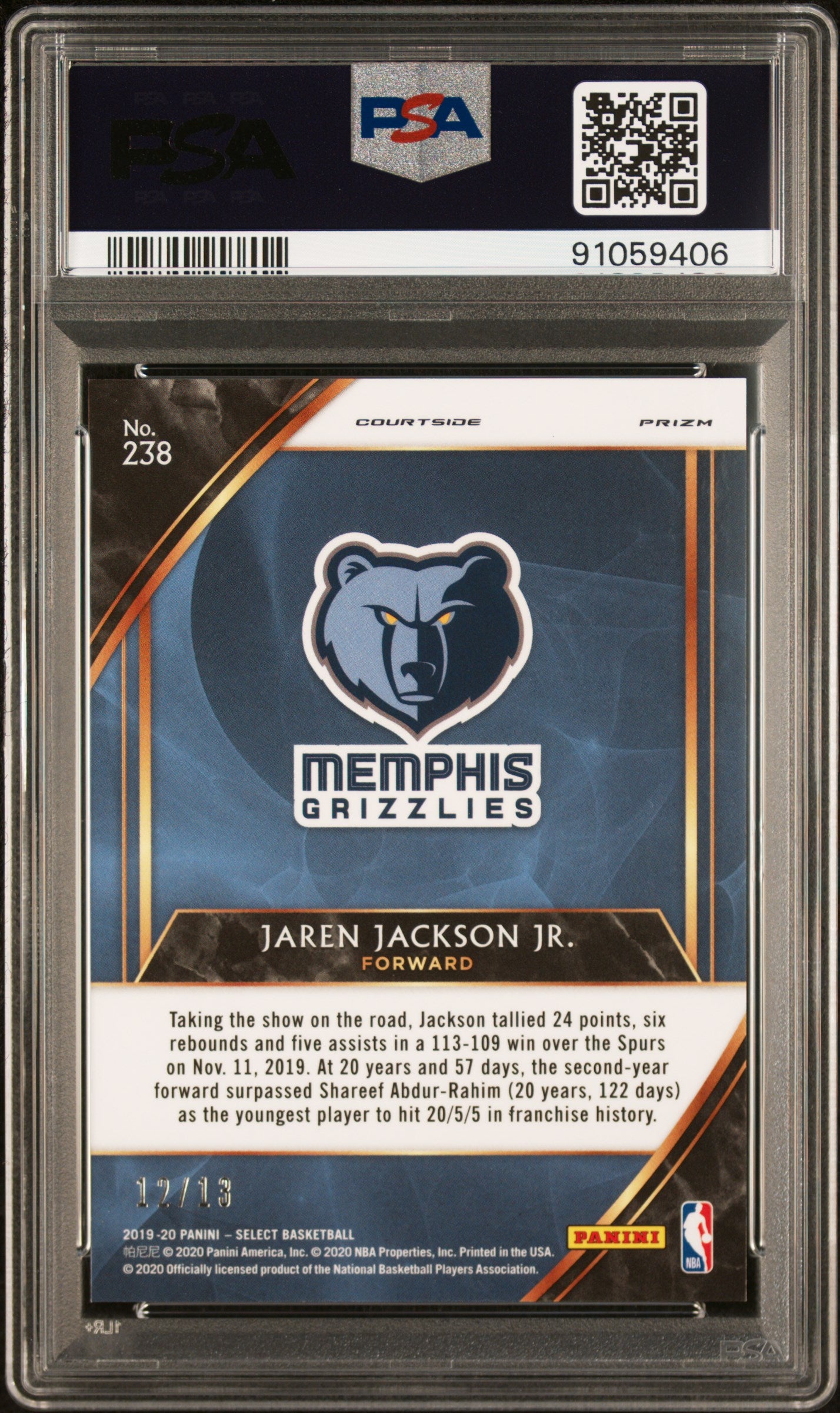 2019 Panini Select Jaren Jackson JR. #238 Neon Orange Pulsar Prizm PSA 10