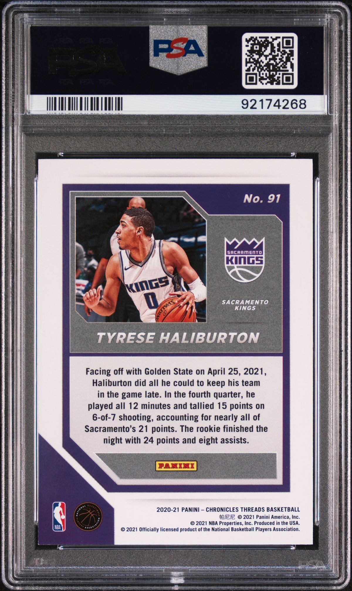 2020 Panini Chronicles Basketball Tyrese Haliburton #91 Purple PSA 10