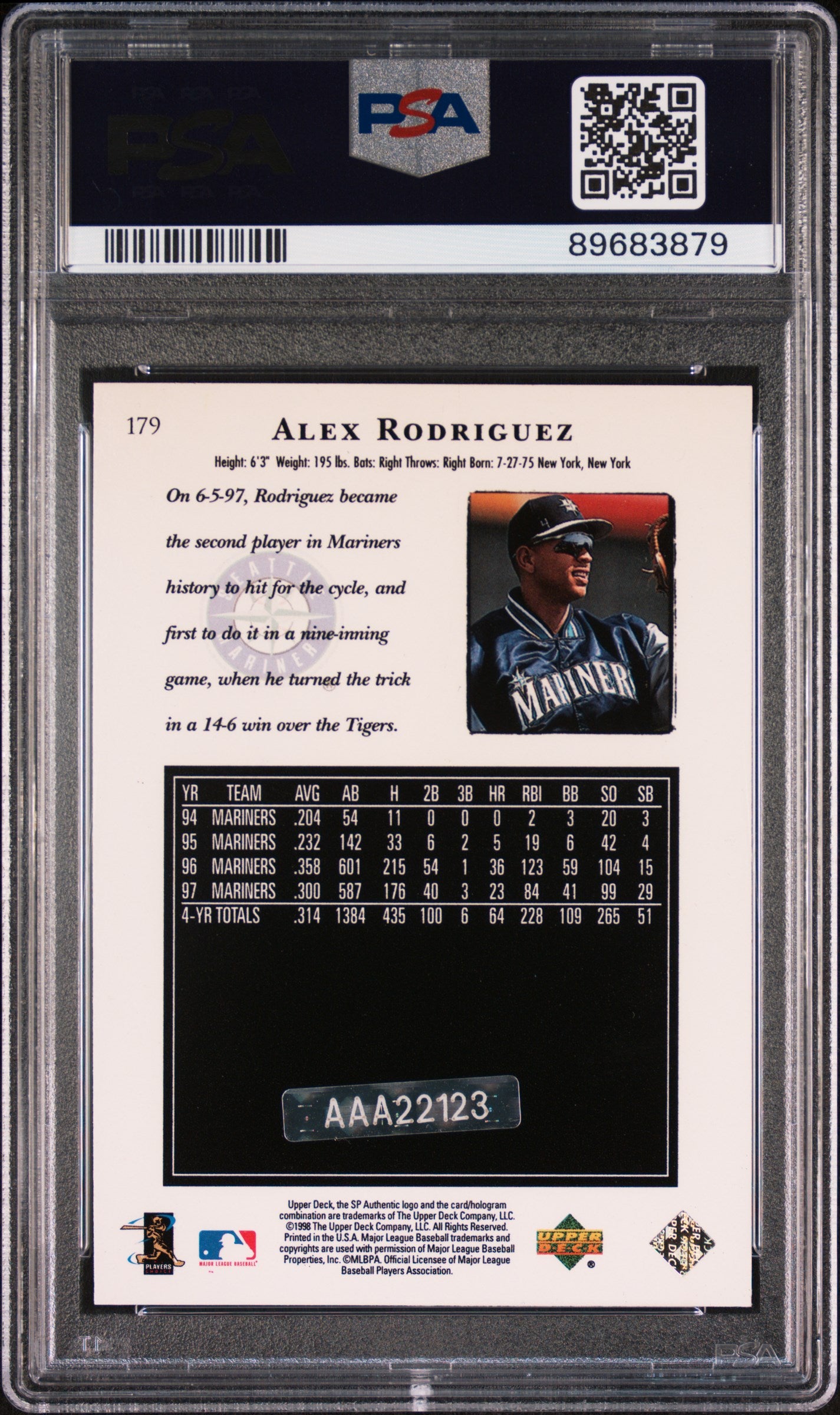 2001 SP Authentic Buybacks Autographs Alex Rodriguez #179 Buyback Au 1998 Spa PSA 6