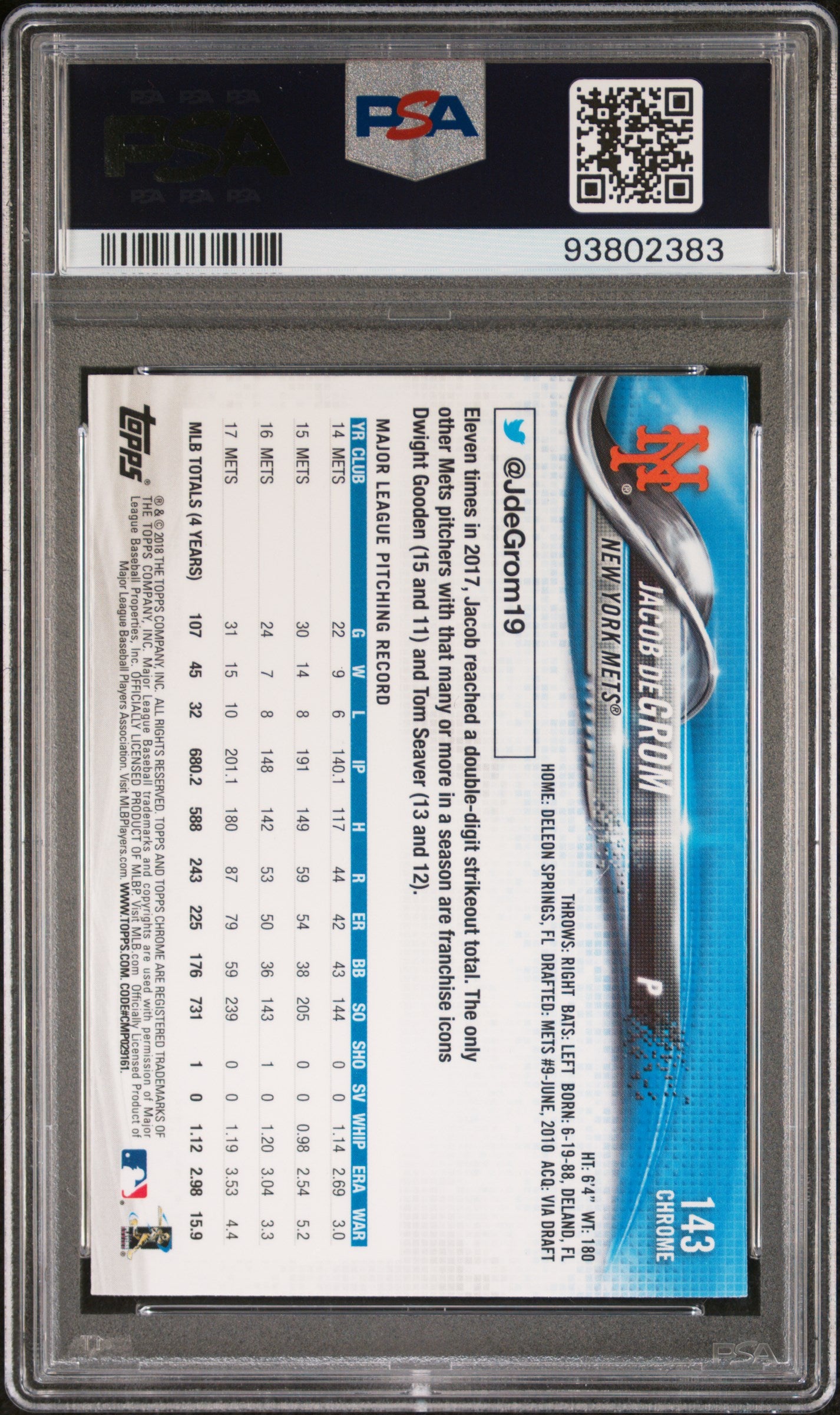 2018 Topps Chrome Jacob Degrom #143 PSA 10