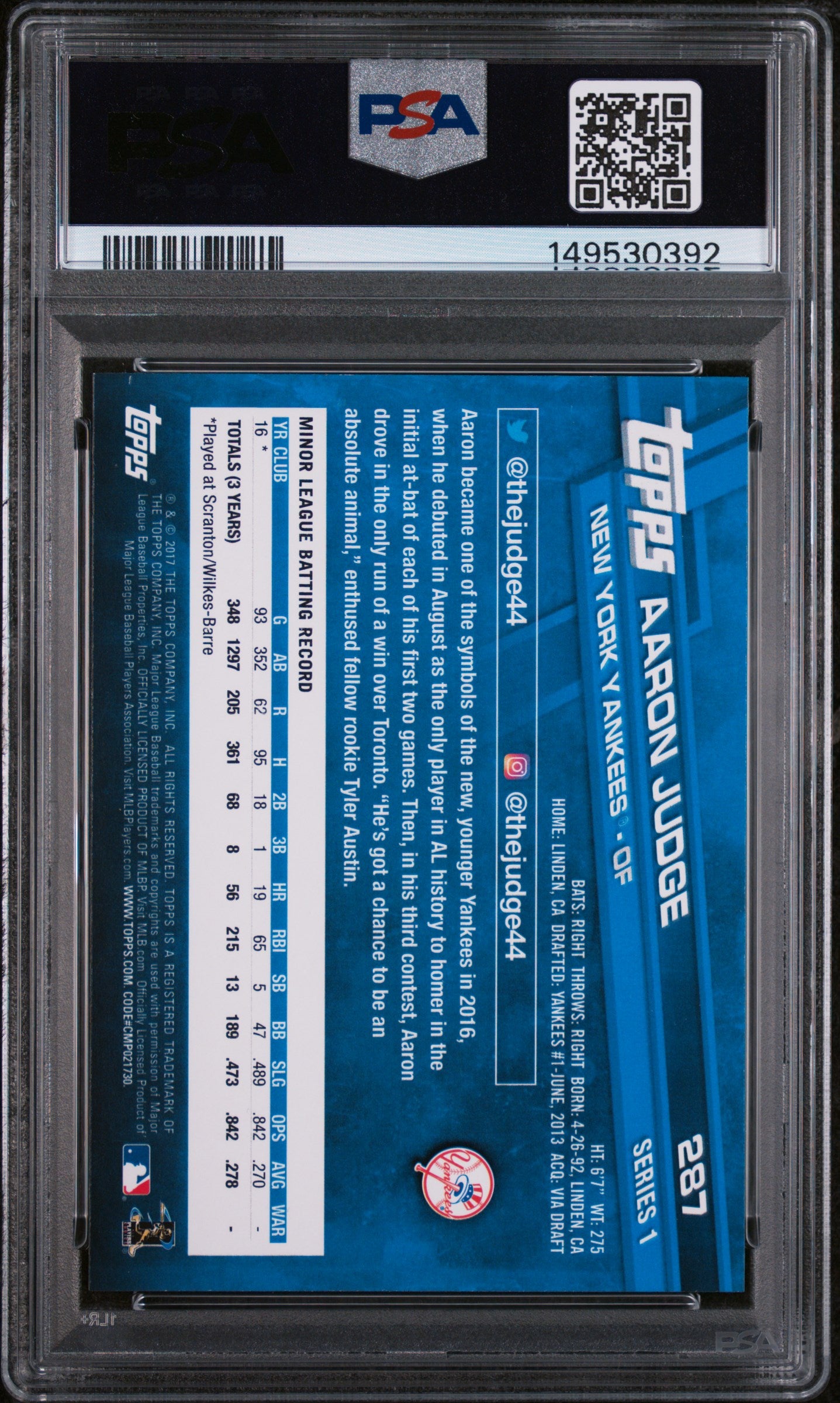 2017 Topps Baseball Aaron Judge #287 PSA 9