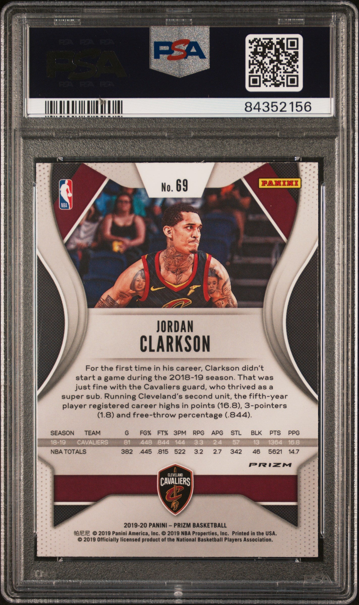 2019 Panini Prizm Jordan Clarkson #69 Choice Prizm Tiger Stripe PSA 9