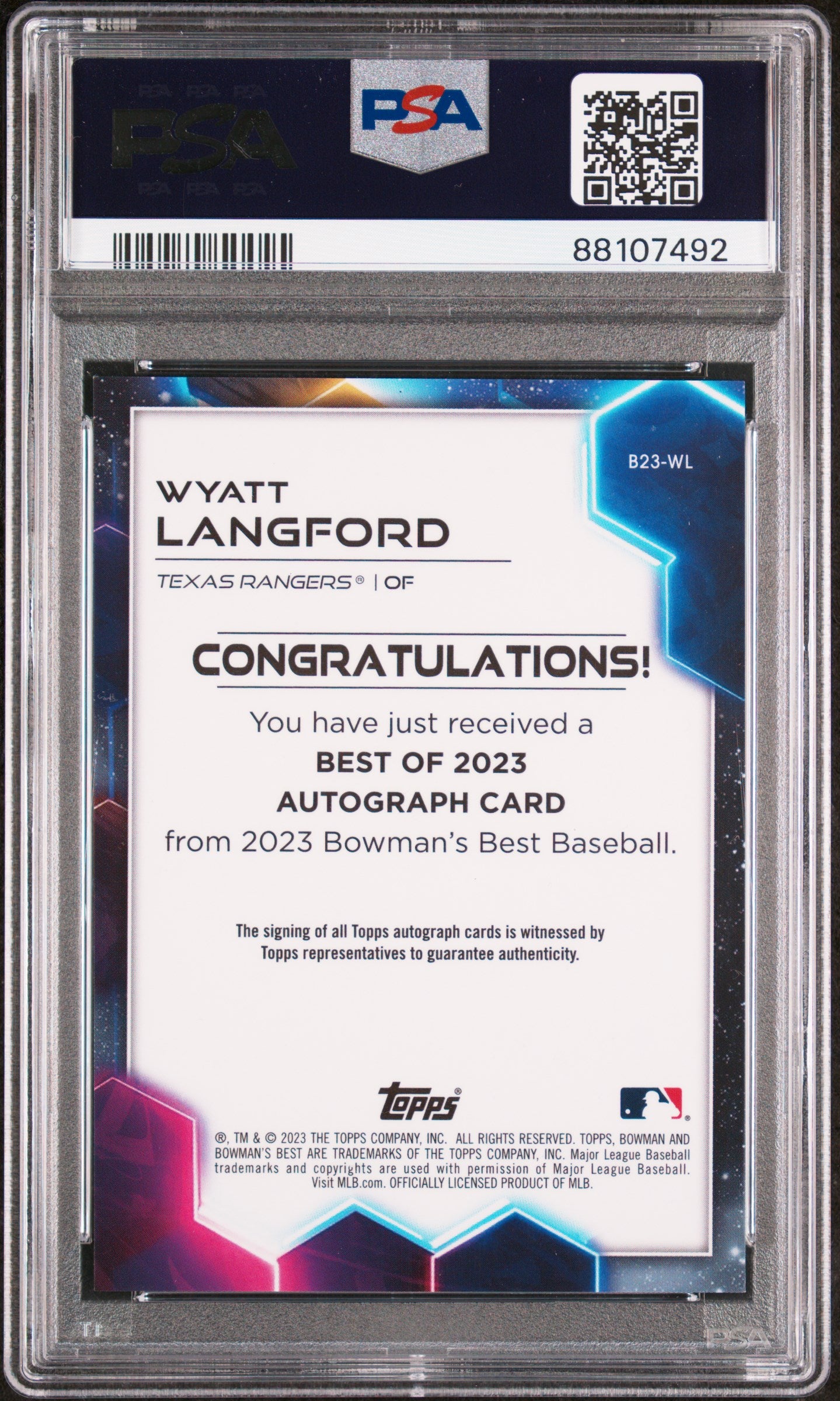 2023 Bowman's Best Best Of 2023 Autographs Wyatt Langford #B23WL Best Of 2023 Au Mini Diamond PSA 10