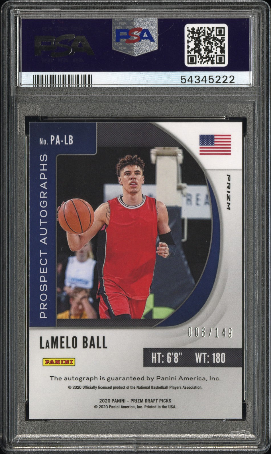 2020 Panini Prizm Draft Picks Prospect Autographs Lamelo Ball #PALB Pros. Auto Blue PSA 10