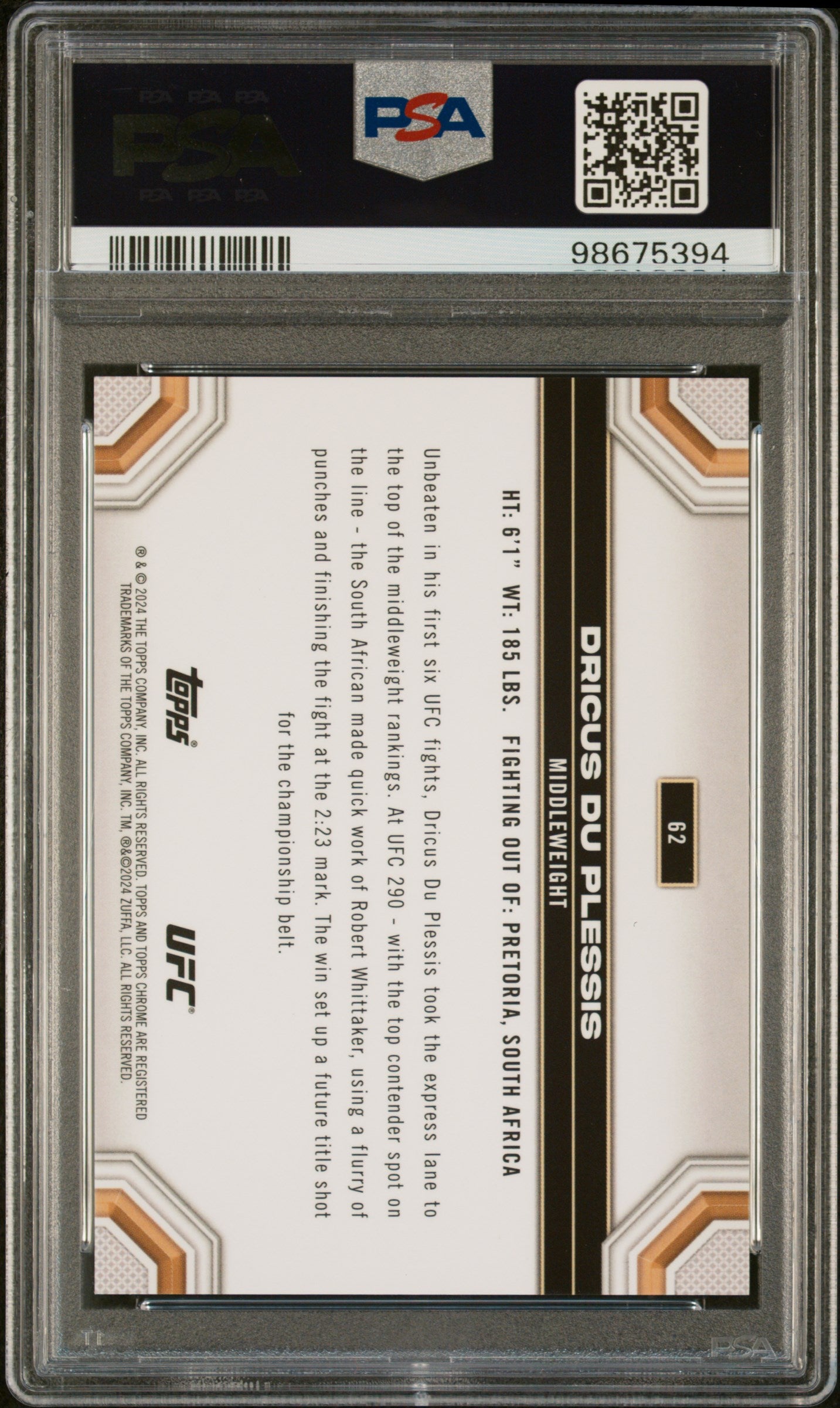 2024 Topps Chrome UFC Dricus Du Plessis #62 Aqua Refractor PSA 9