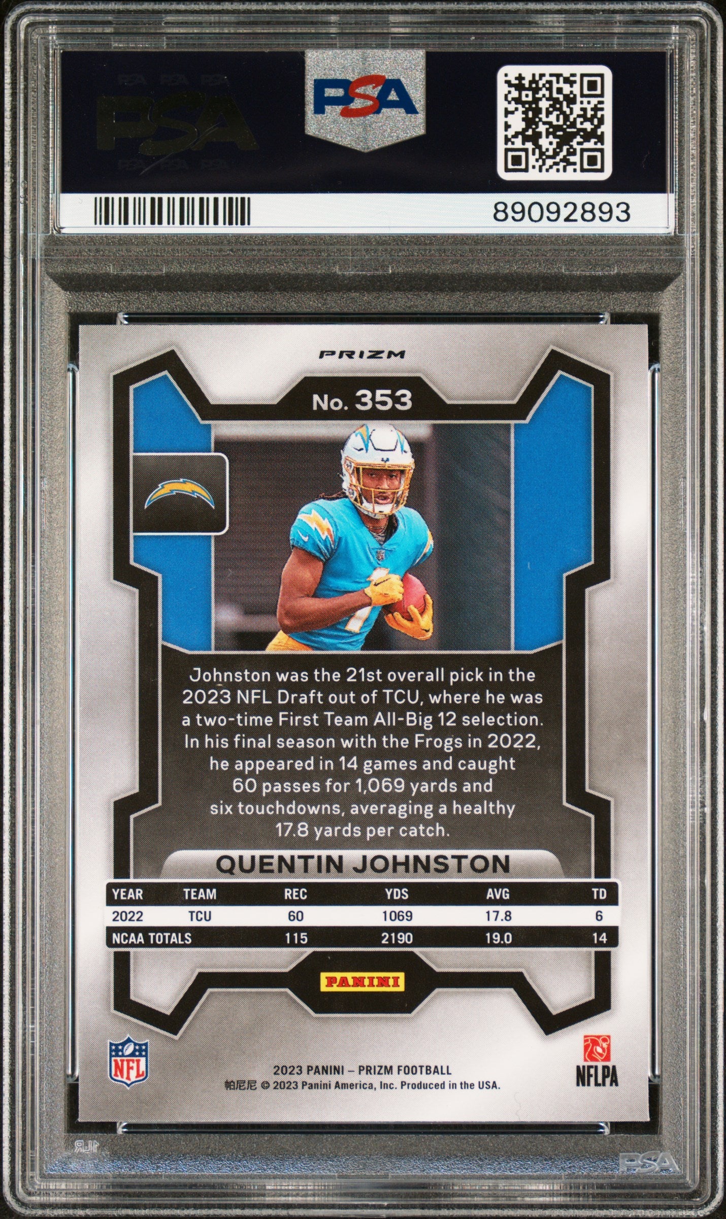 2023 Panini Prizm Quentin Johnston #353 Lazer Prizm PSA 10