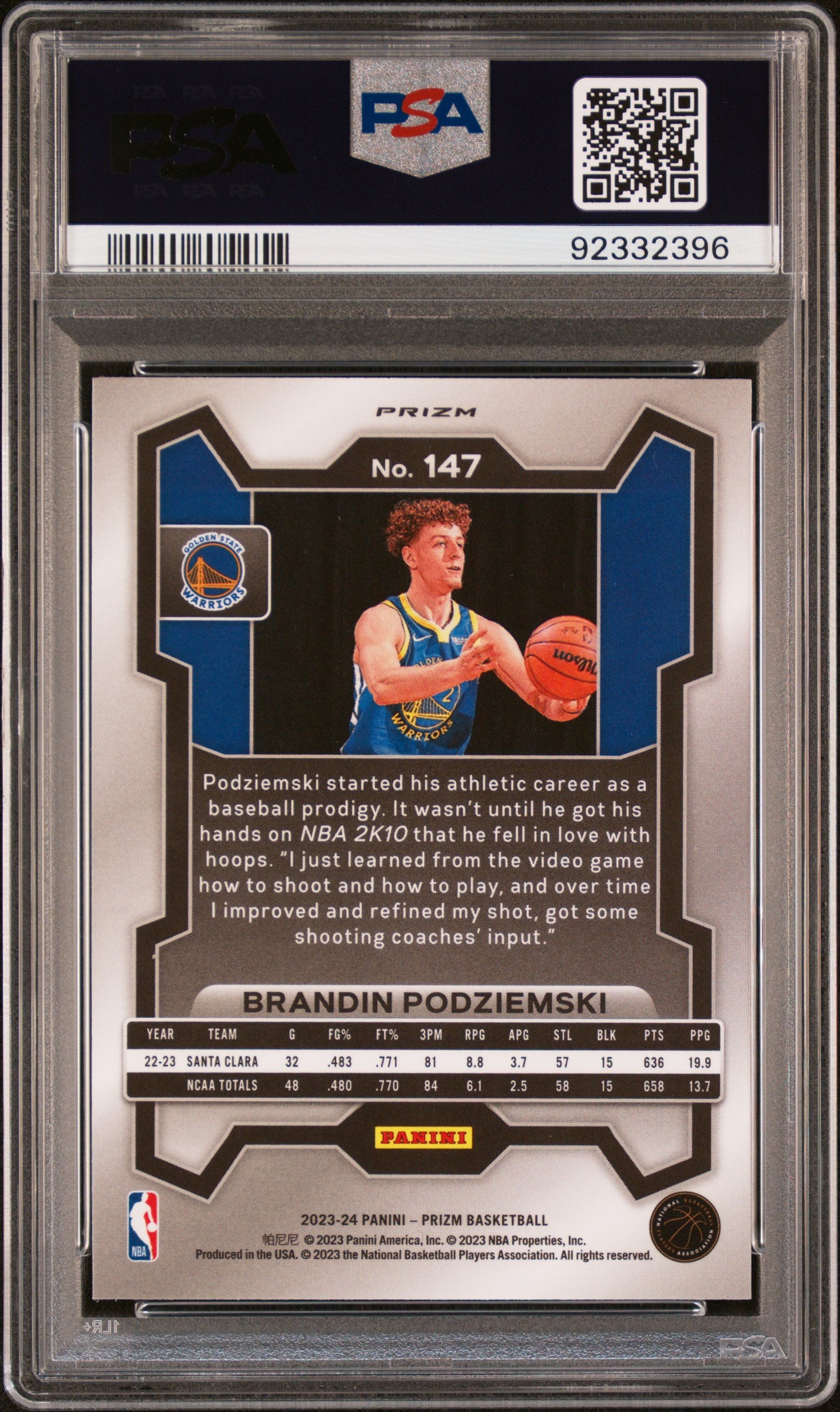 2023 Panini Prizm Brandin Podziemski #147 Silver Prizm PSA 10