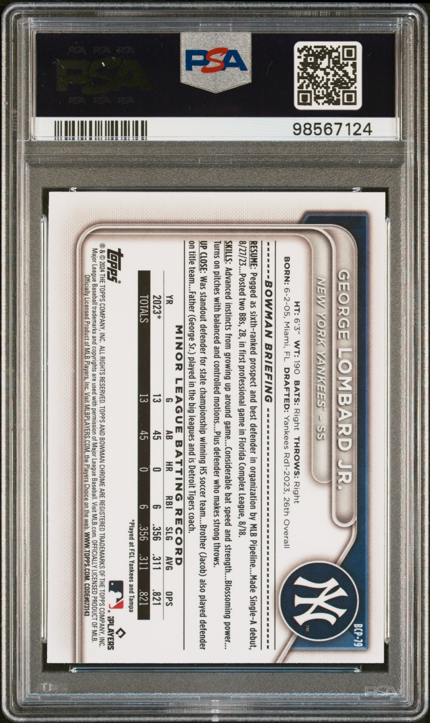 2024 Bowman Chrome Prospects George Lombard JR. #BCP79 Prspcts Lunar Glow Ref PSA 10
