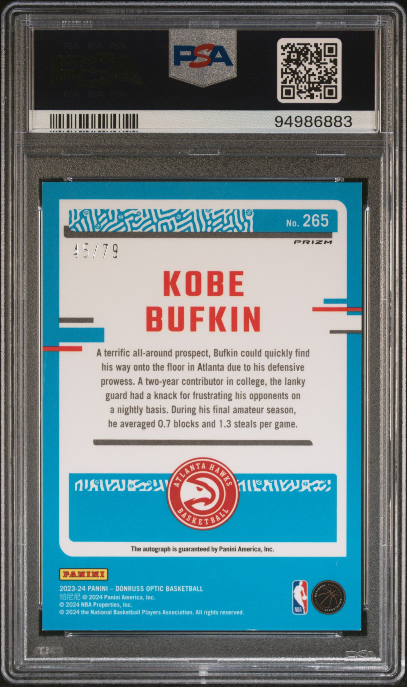 2023 Panini Donruss Optic Kobe Bufkin #265 Signature Pink Velocity PSA 9