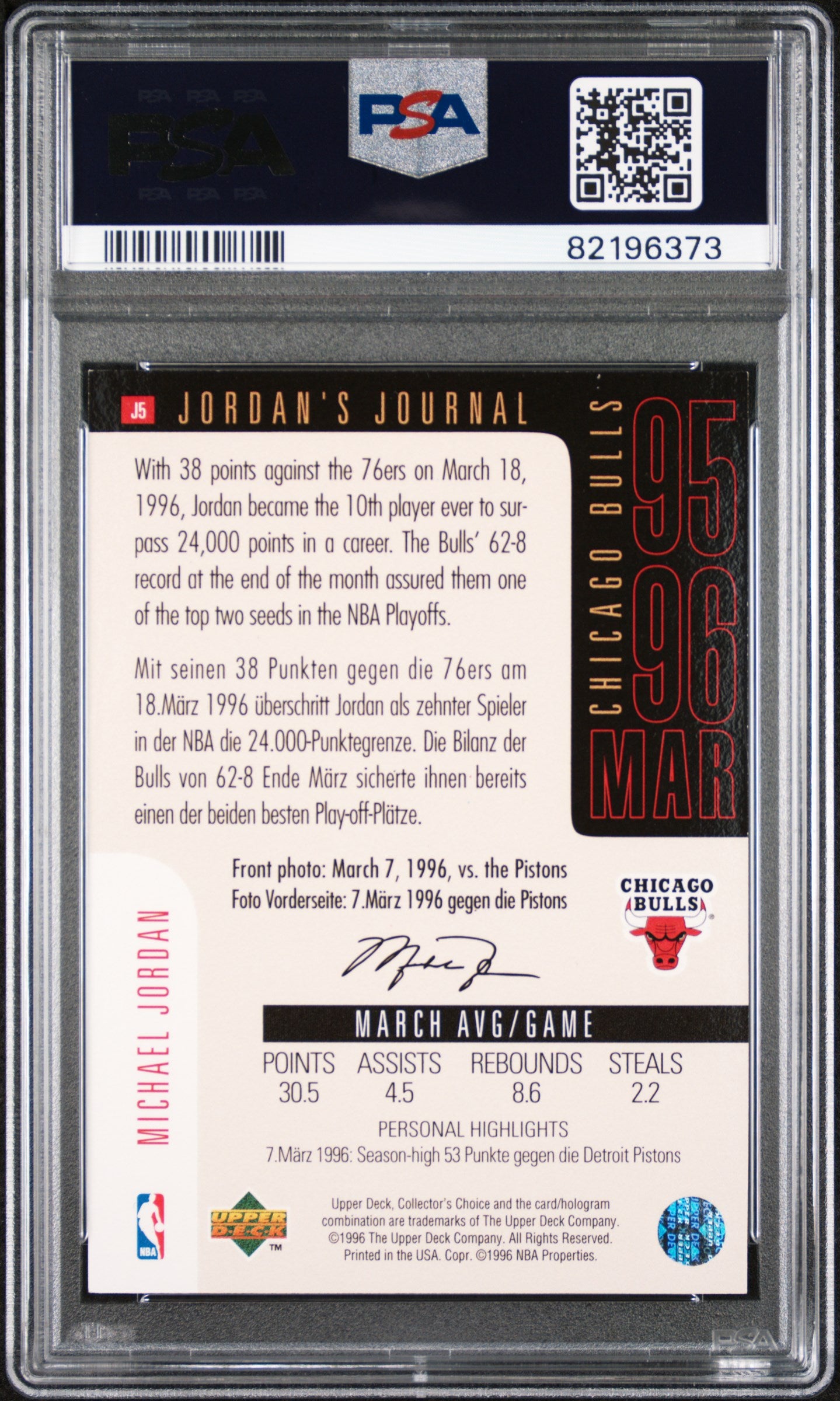 1996 Collector's Choice International German Jordan's Journal Michael Jordan #J5 German Jordan's Journal PSA 8