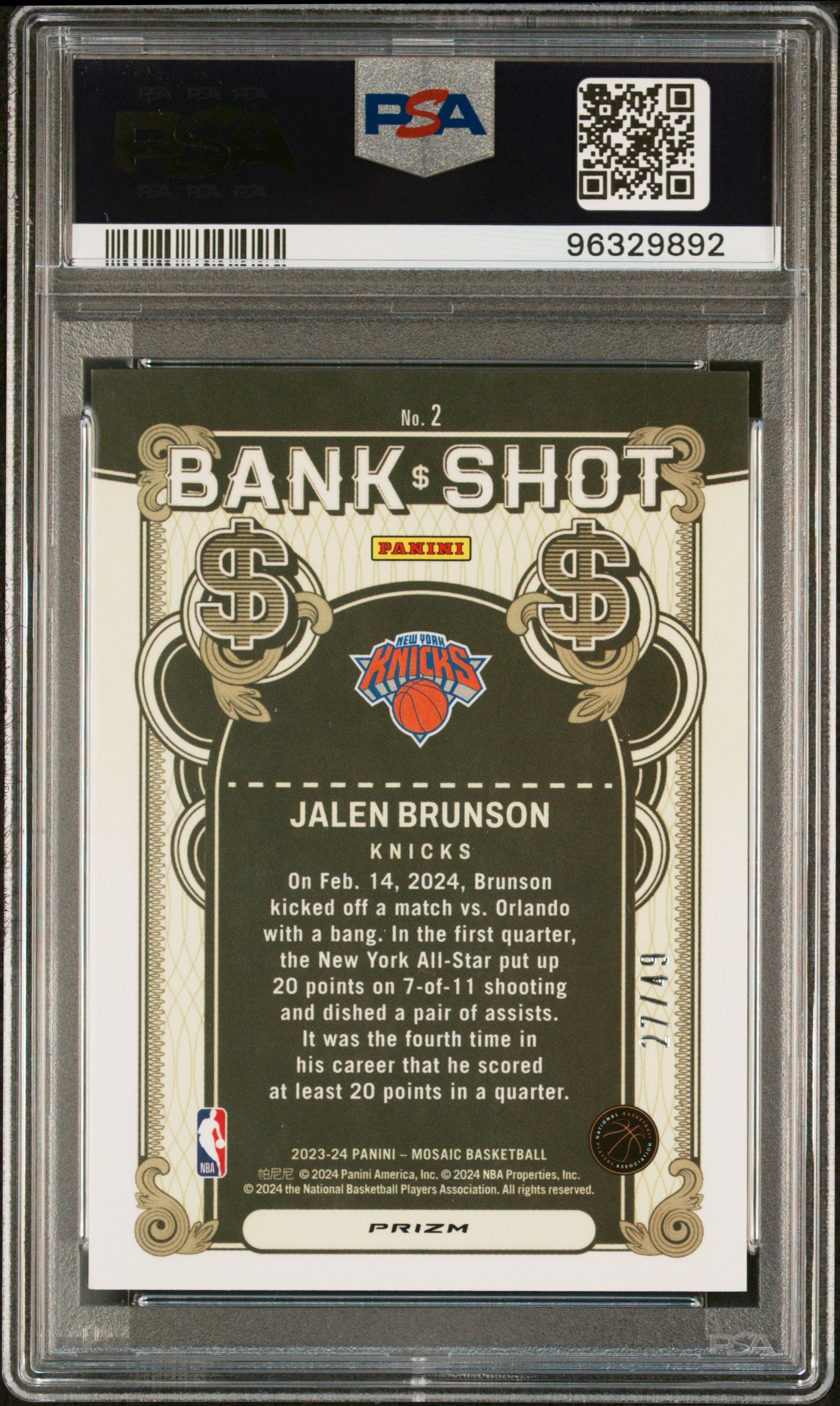 2023 Panini Mosaic Bank Shot Jalen Brunson #2 Bank Shot Orange PSA 9