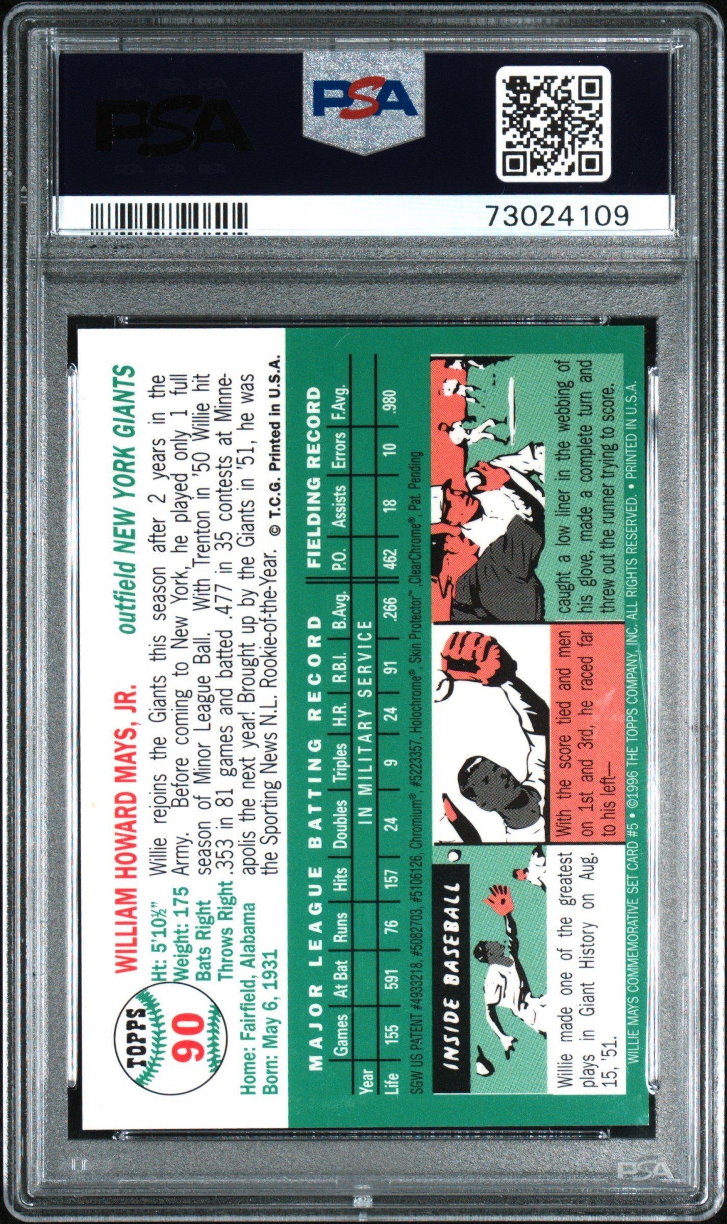 1997 Topps Mays Finest 1954 Topps Reprint #5 PSA 9