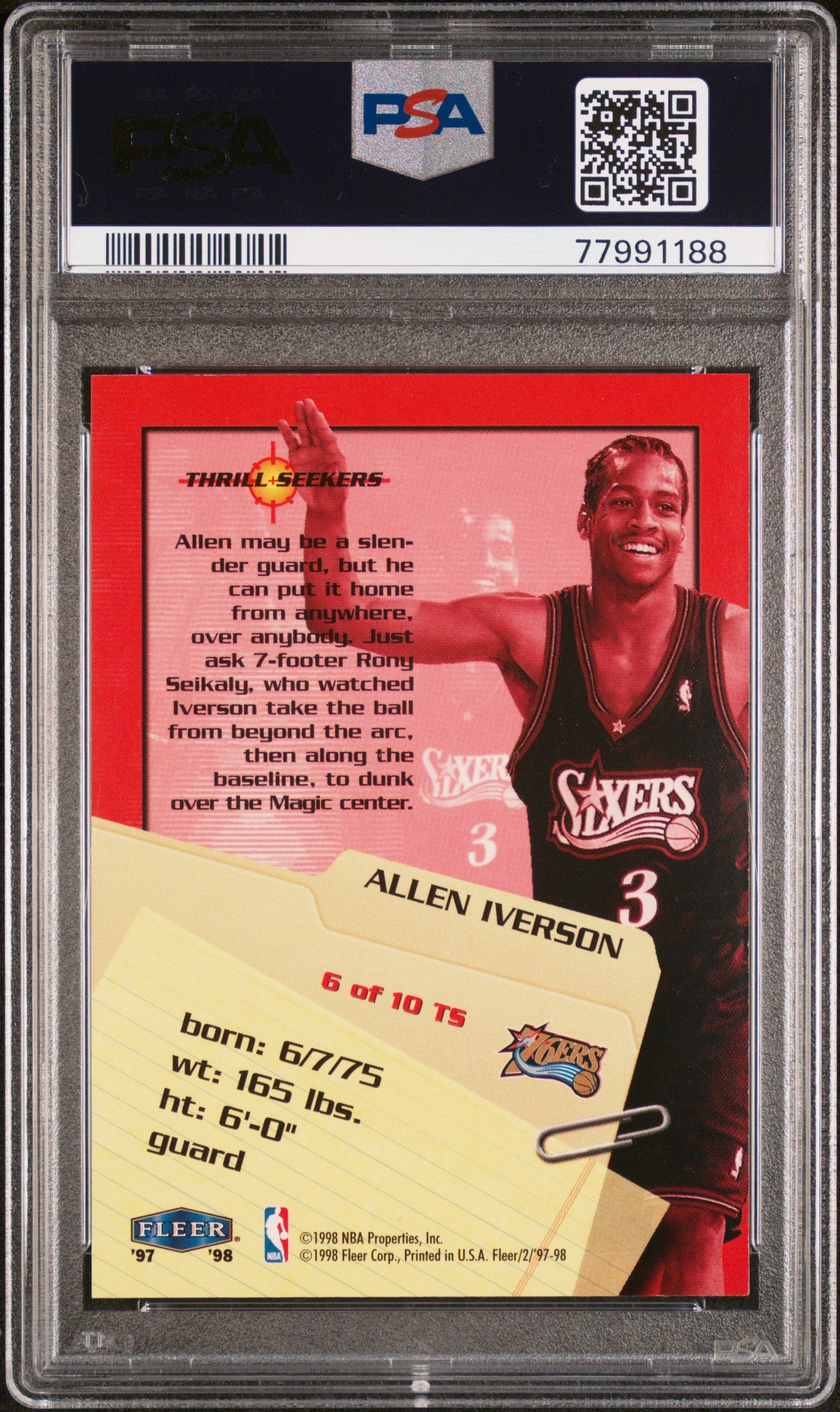 1997 Fleer Thrill Seekers Allen Iverson #6 Thrill Seekers PSA 10