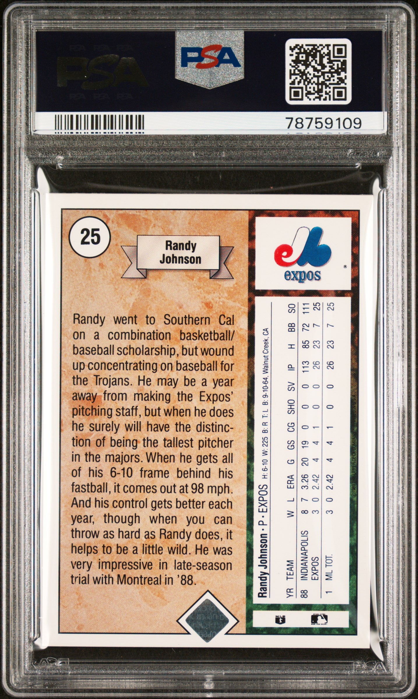 1989 Upper Deck Randy Johnson #25 Star Rookie PSA 8