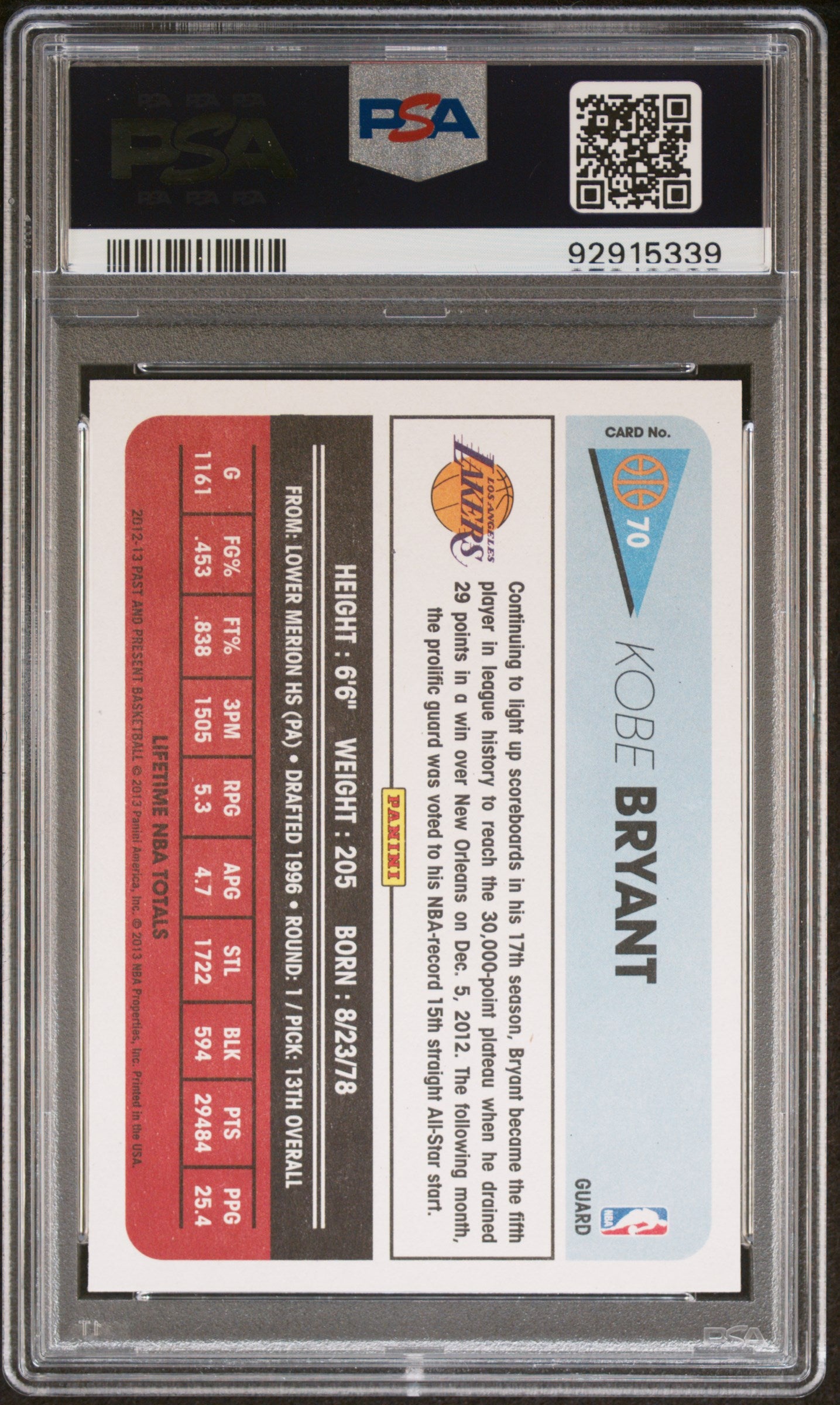 2012 Panini Past & Present #70 Kobe Bryant Lakers Hof PSA 10 ***