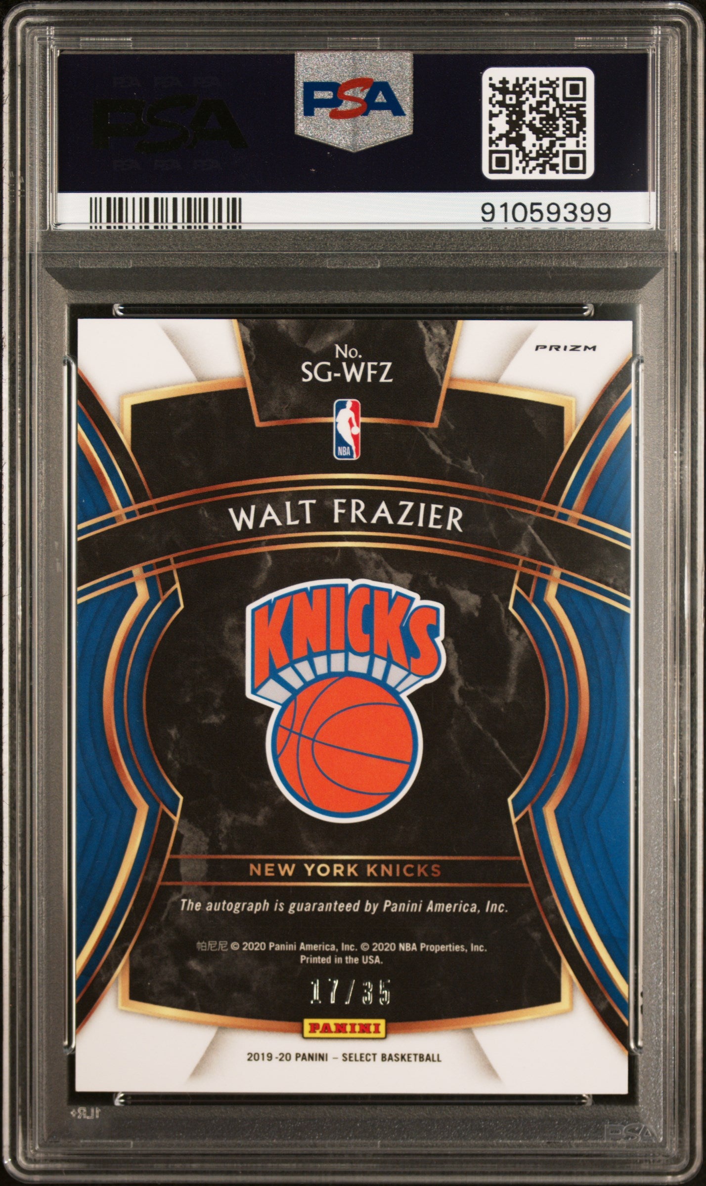 2019 Panini Select Signatures Walt Frazier #SGWFZ SIG Neon Orange Plsr. PZM. PSA 9