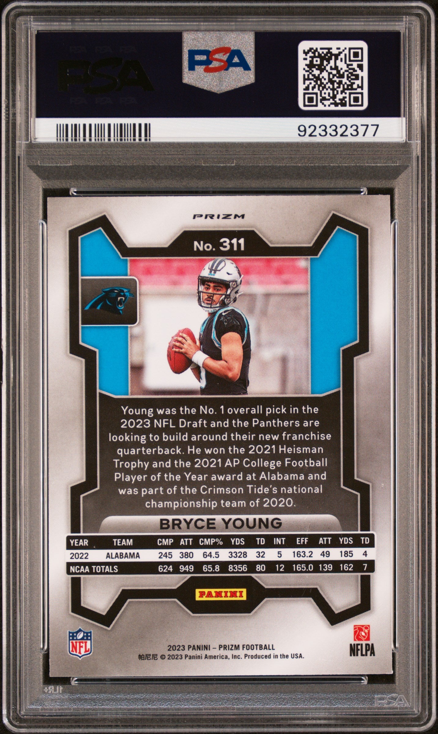 2023 Panini Prizm Bryce Young #311 Red White Blue Prizm PSA 10