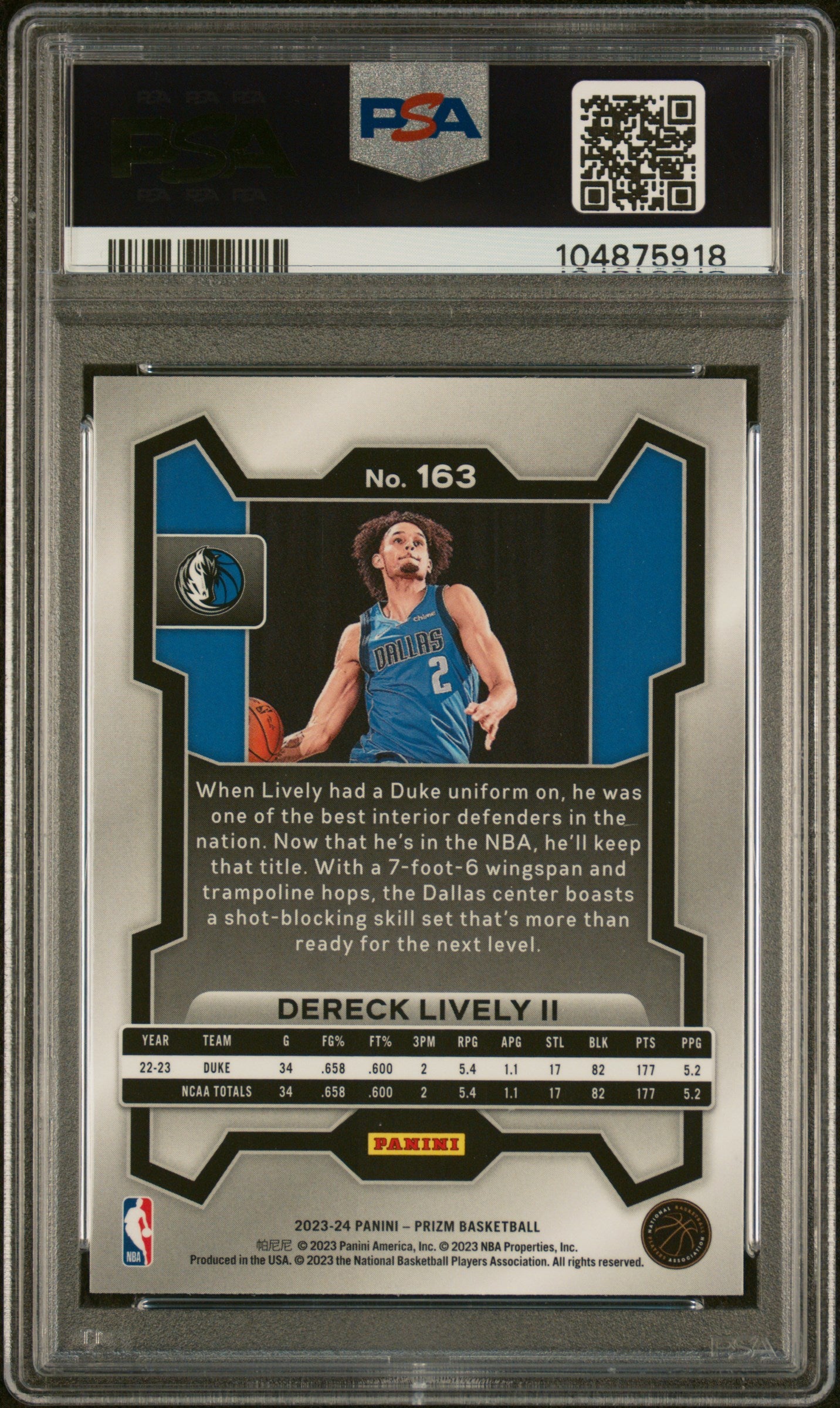 2023 Panini Prizm Dereck Lively II #163 PSA 8