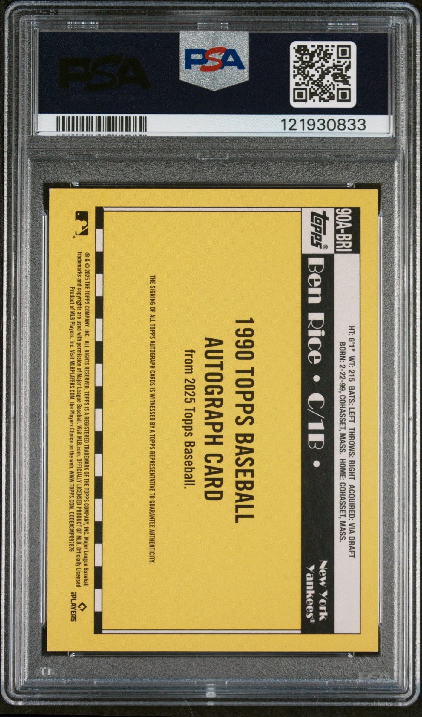 2025 Topps 1990 Topps Baseball Autographs Baseball Ben Rice #90ABRI PSA 8