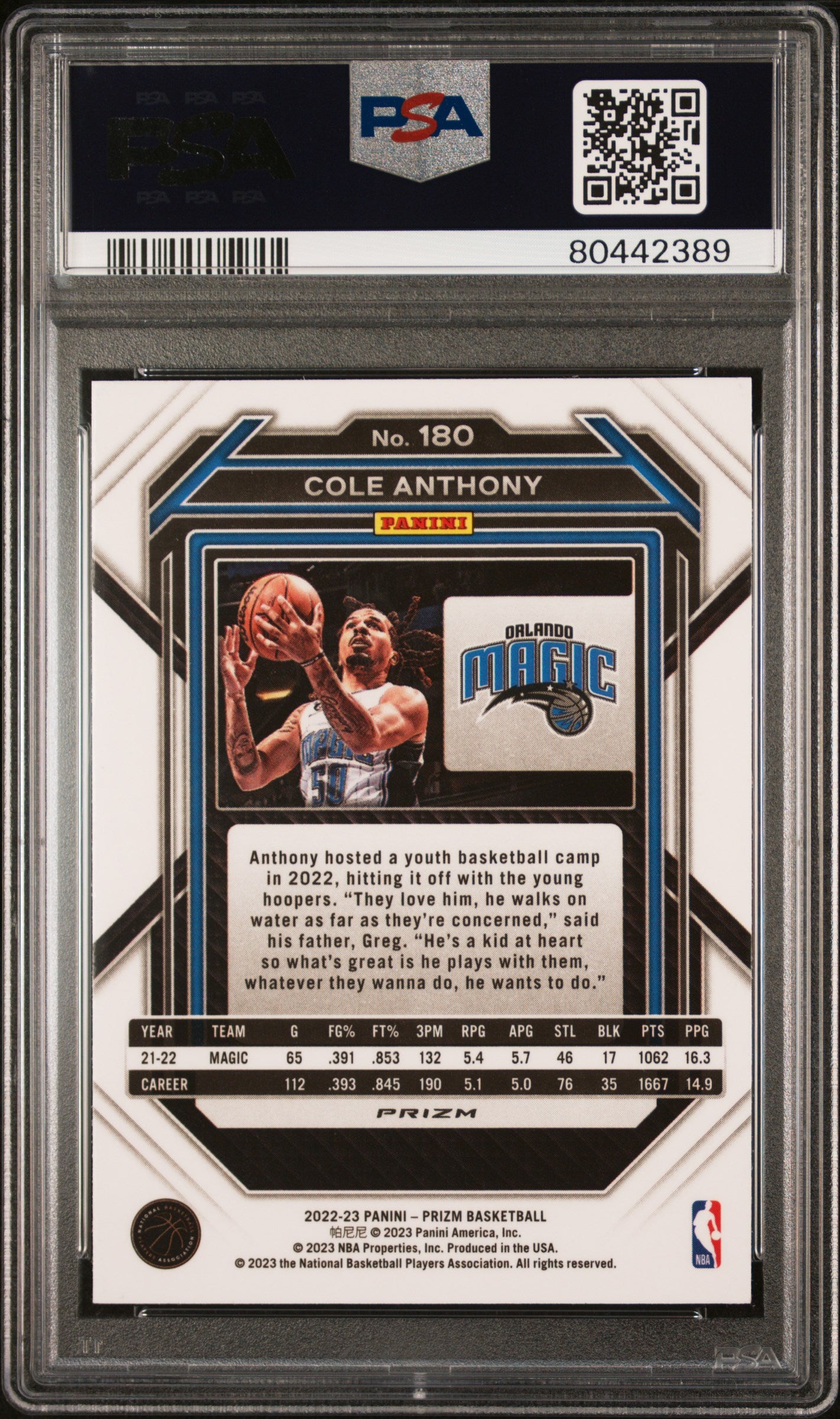 2022 Panini Prizm Cole Anthony #180 White Sparkle PSA 10