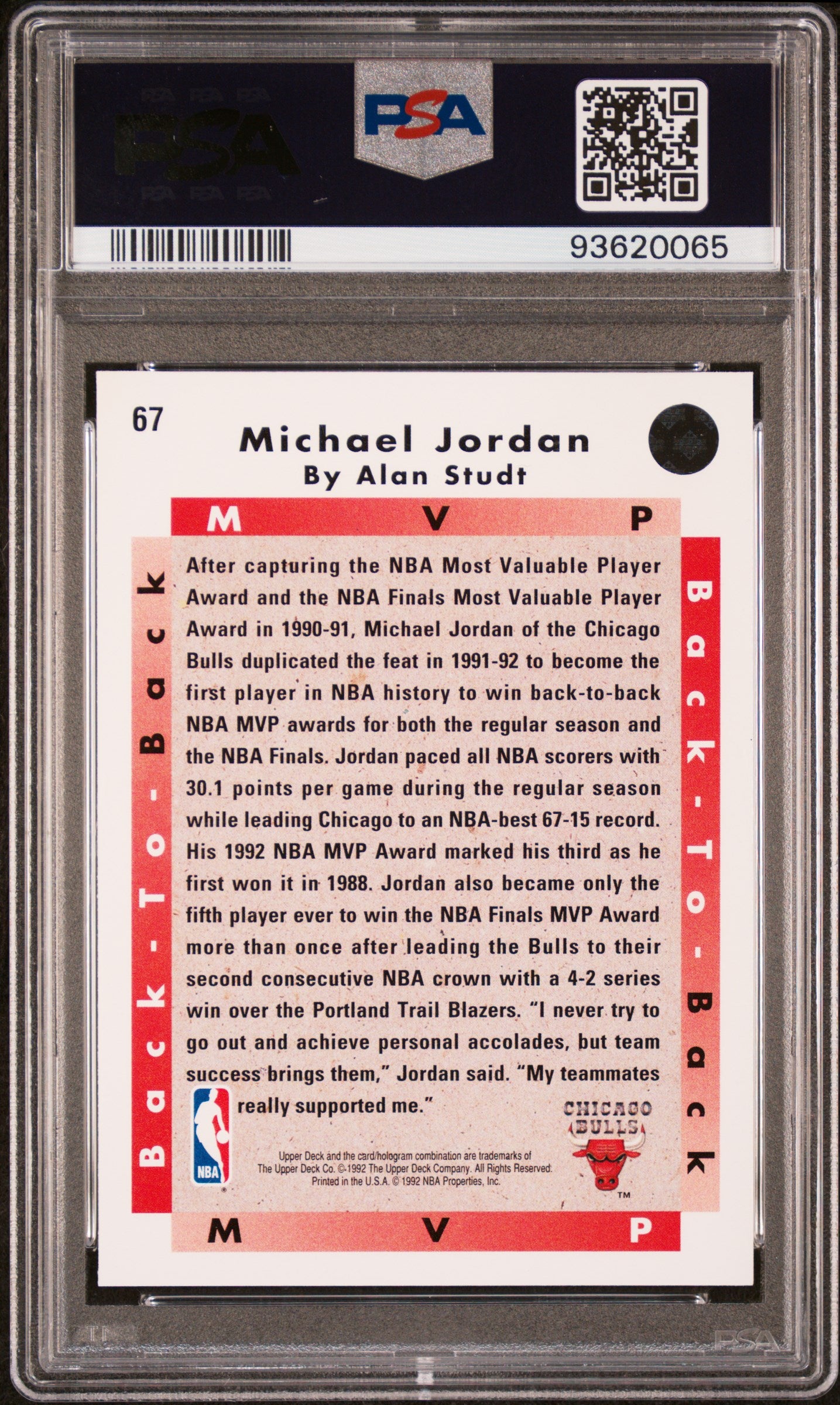 1992 Upper Deck MVP #67 Michael Jordan Bulls Hof PSA 10